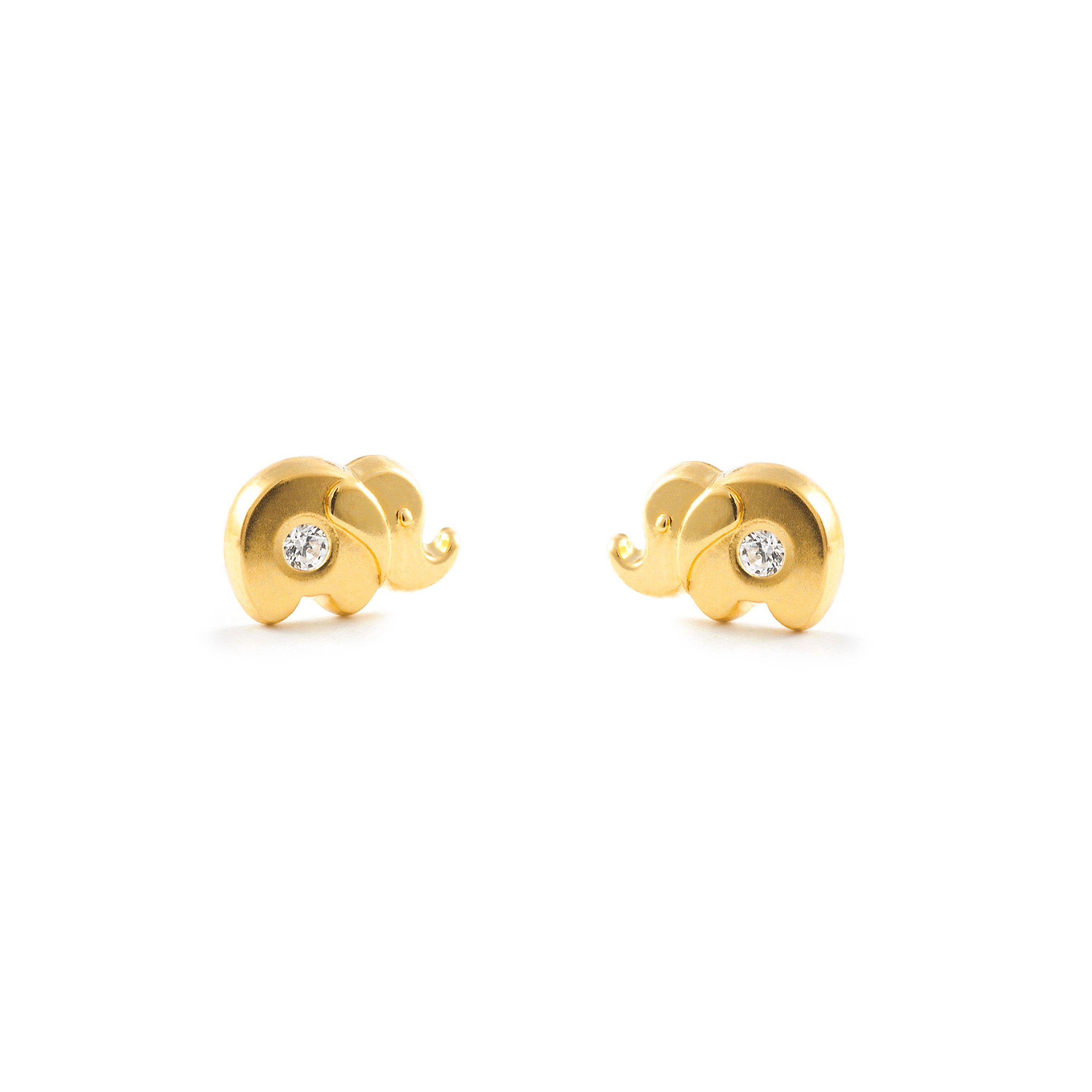 Baby Earrings 18K Yellow Gold Elephant Shiny Zirconia