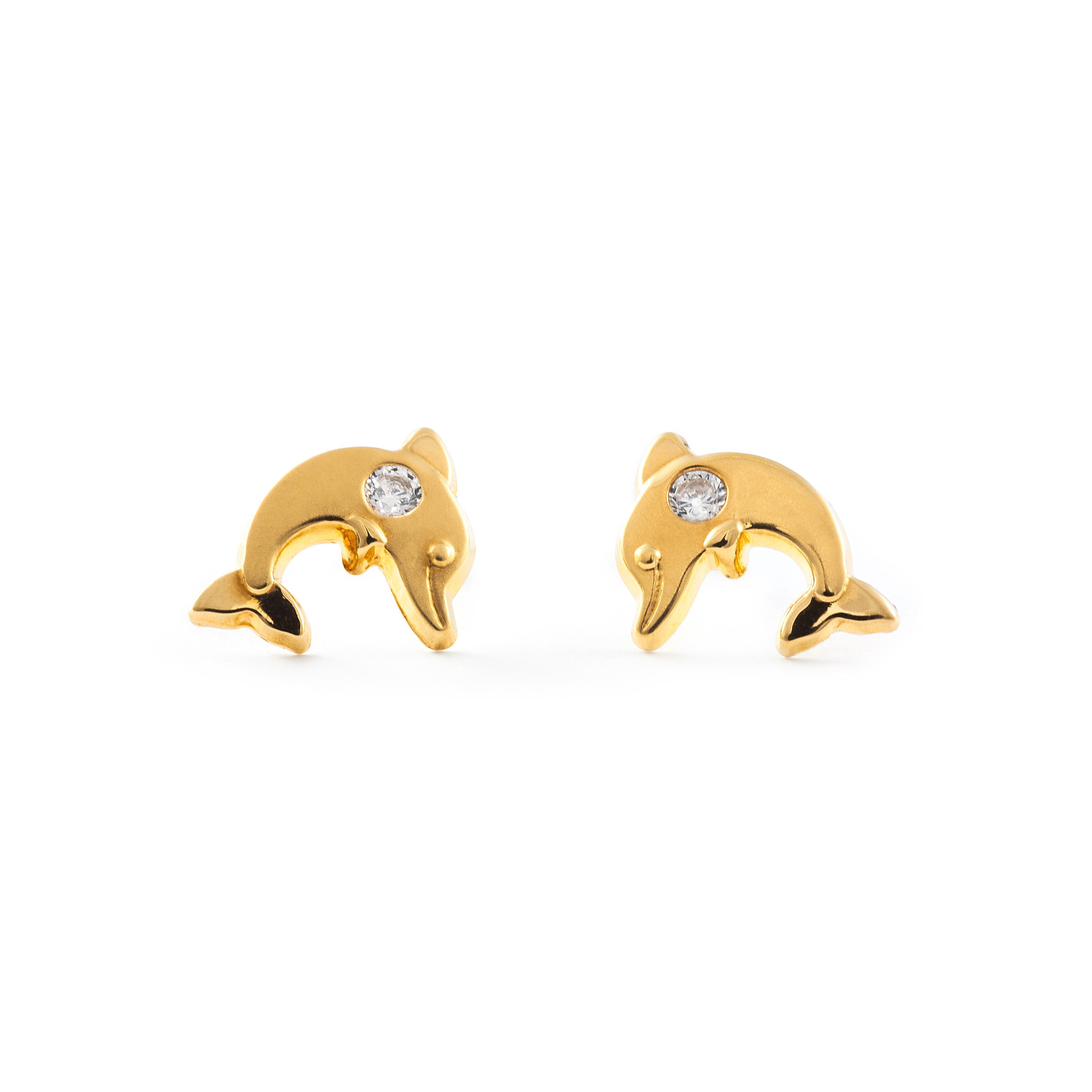 Pendientes Mujer-Niña Oro Amarillo 18K Delfín Circonita Brillo