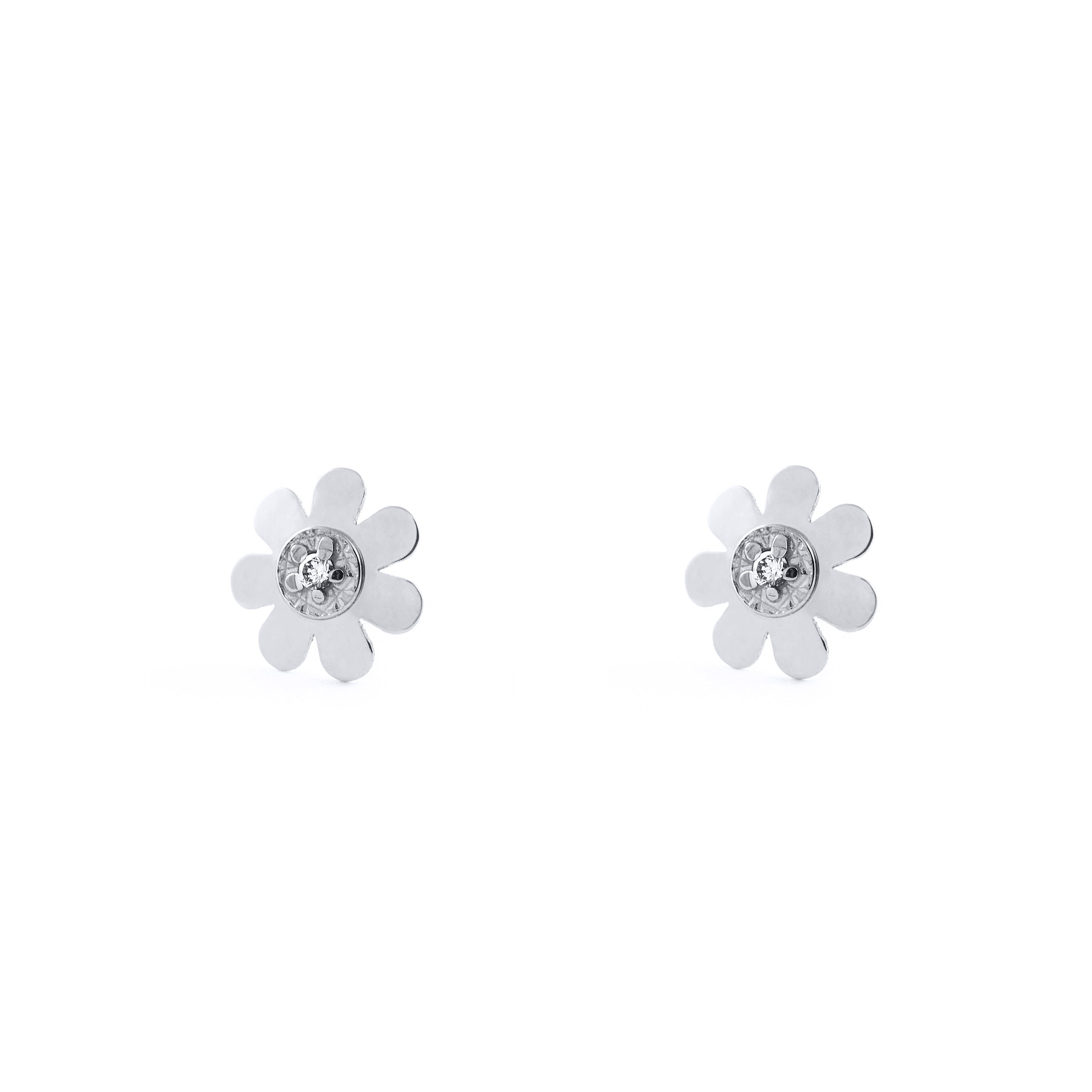 Baby-Girl Earrings 18K White Gold Shiny Zirconia Flower