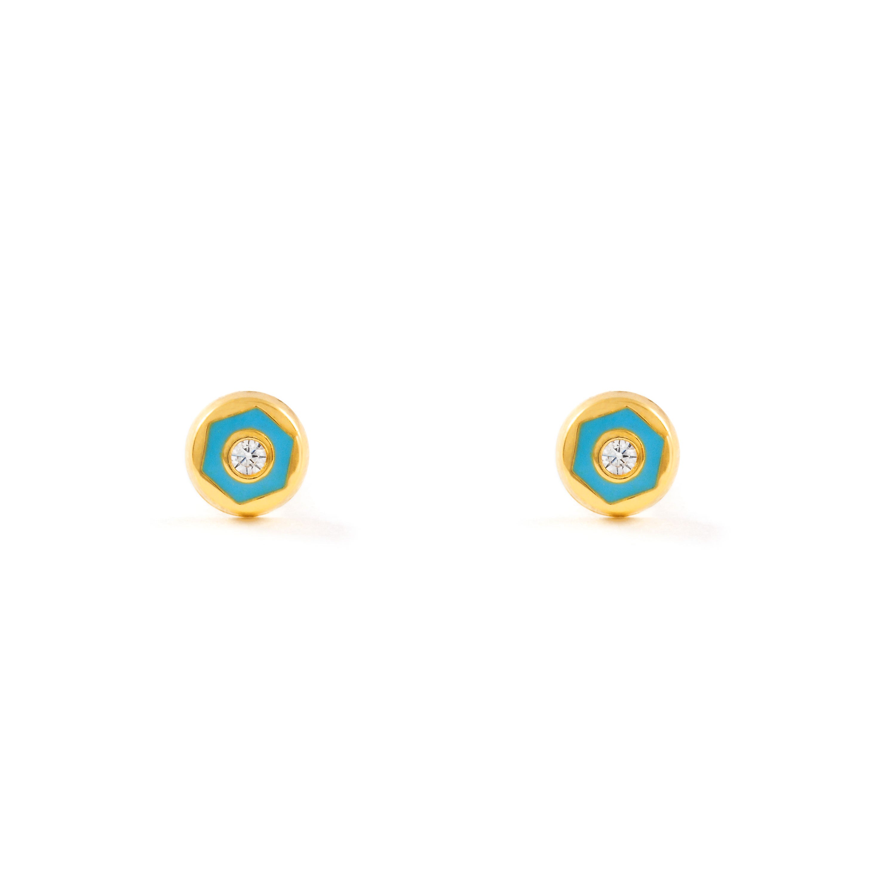 Baby-Girl Earrings 18K Yellow Gold Round Blue Enamel Shiny Zirconia