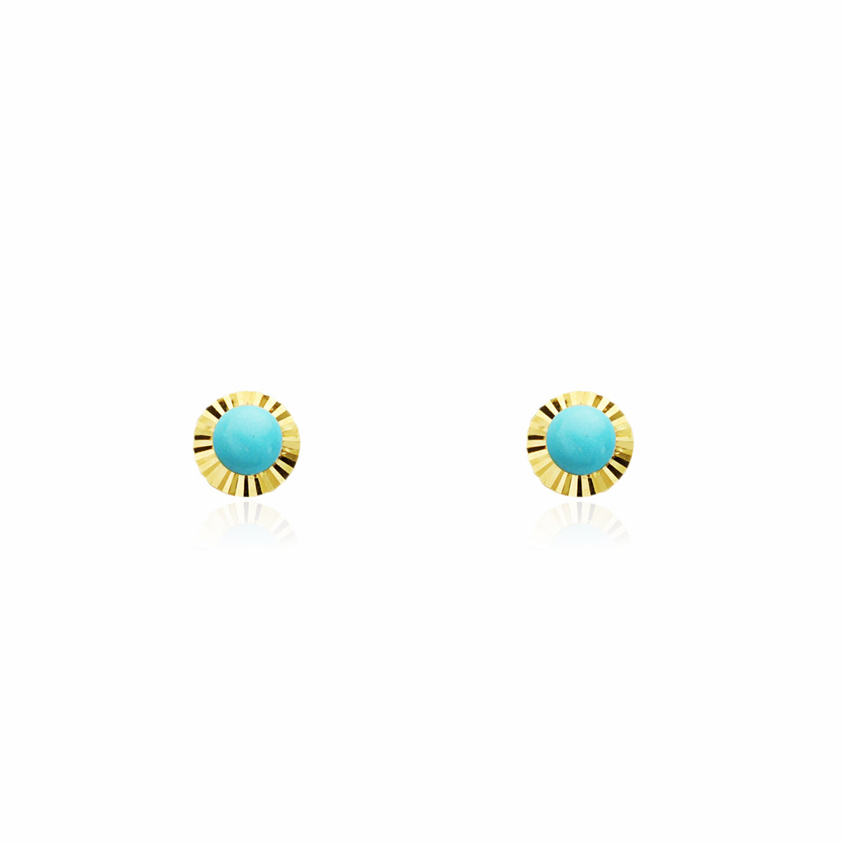 Baby-Girl Earrings 18K Yellow Gold Round Turquoise Border 3 mm Carved