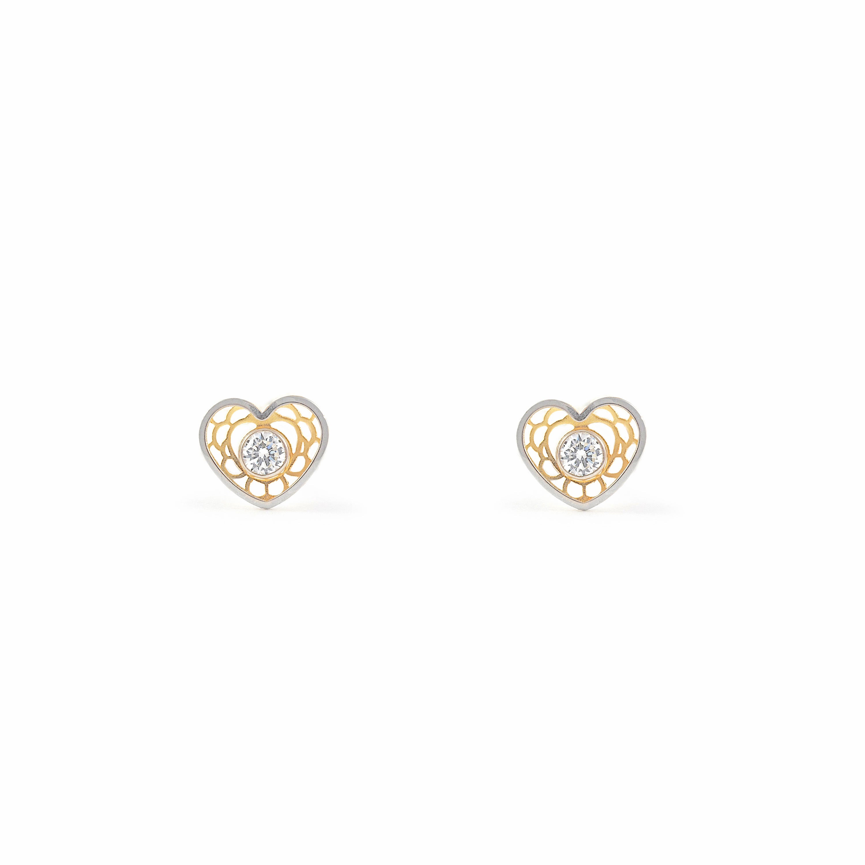 Girl's Earrings 9K Bicolor Gold Shiny Zirconia Heart