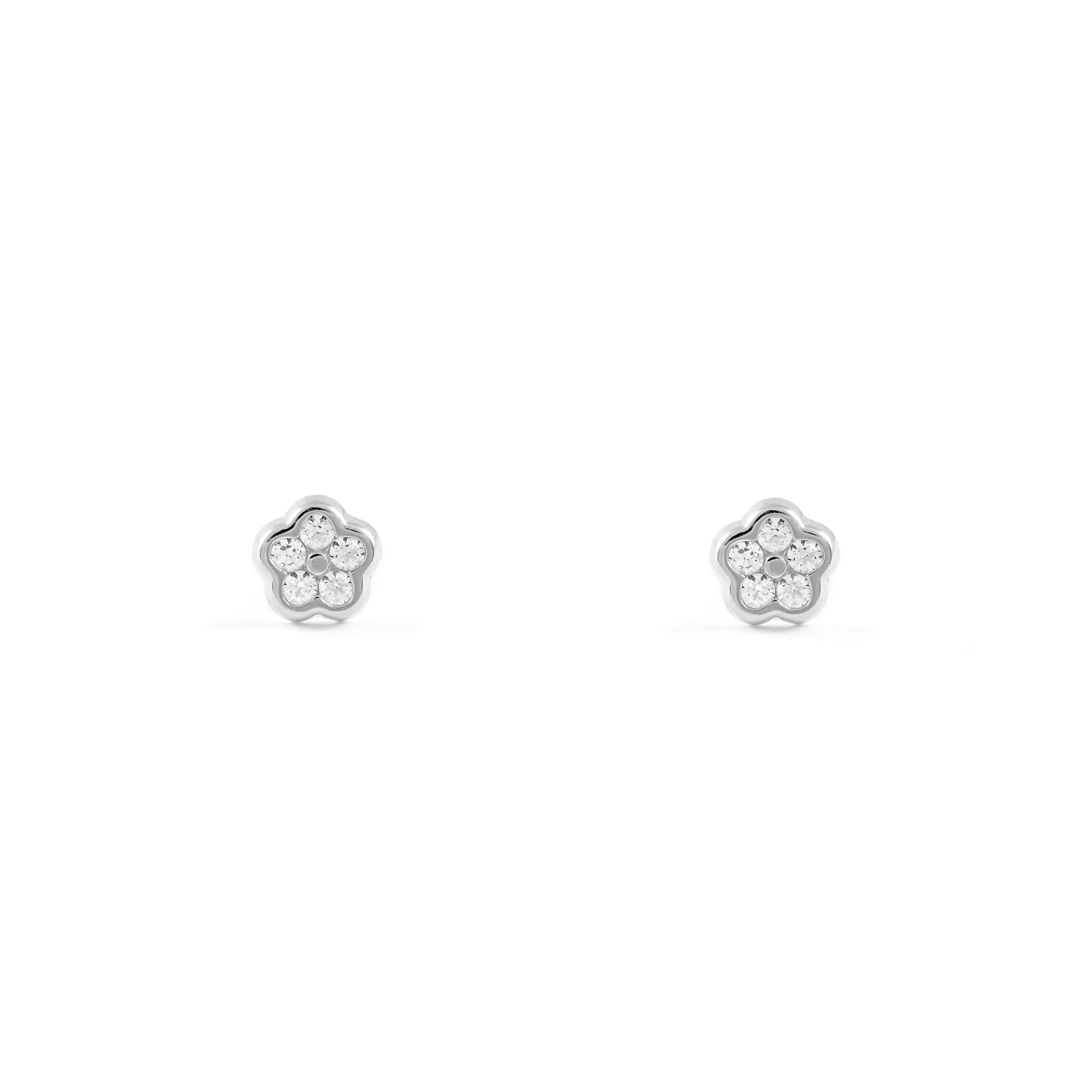 Baby-Girl Earrings 9K White Gold Daisy Flower Shiny Zircons