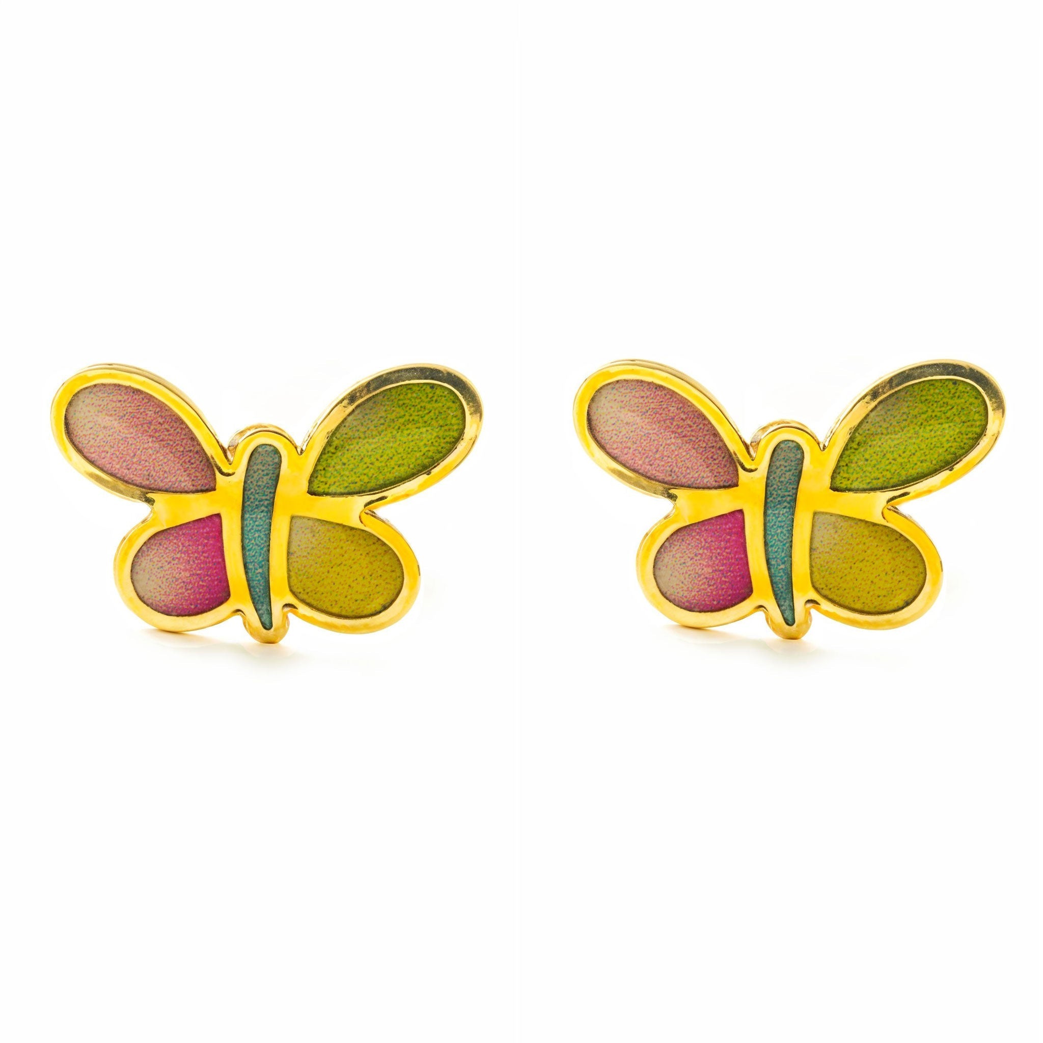 Pendientes Niña Oro Amarillo 9K Mariposa Esmalte Multicolor Brillo