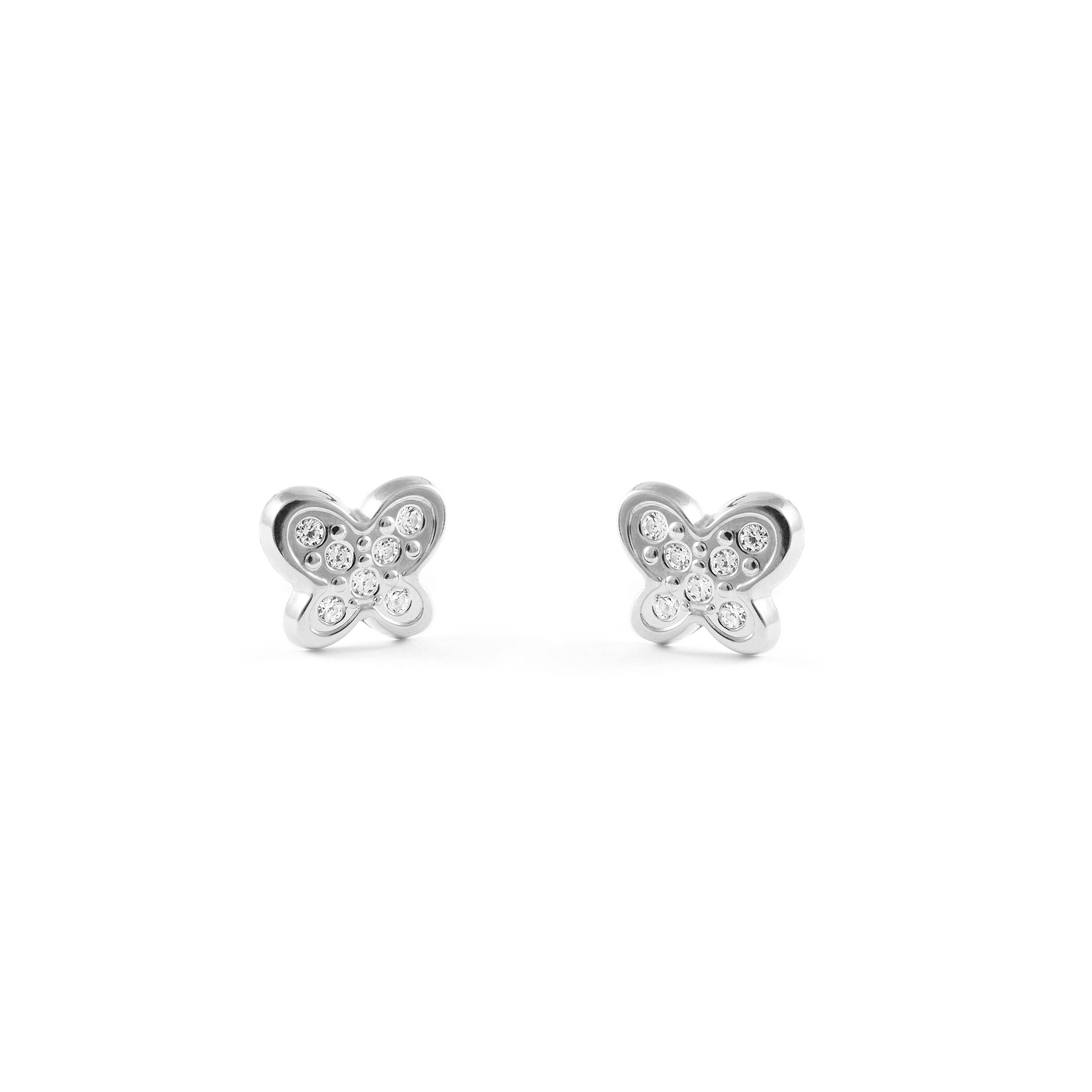 Girl's Earrings 9K White Gold Butterfly Shiny Zircons