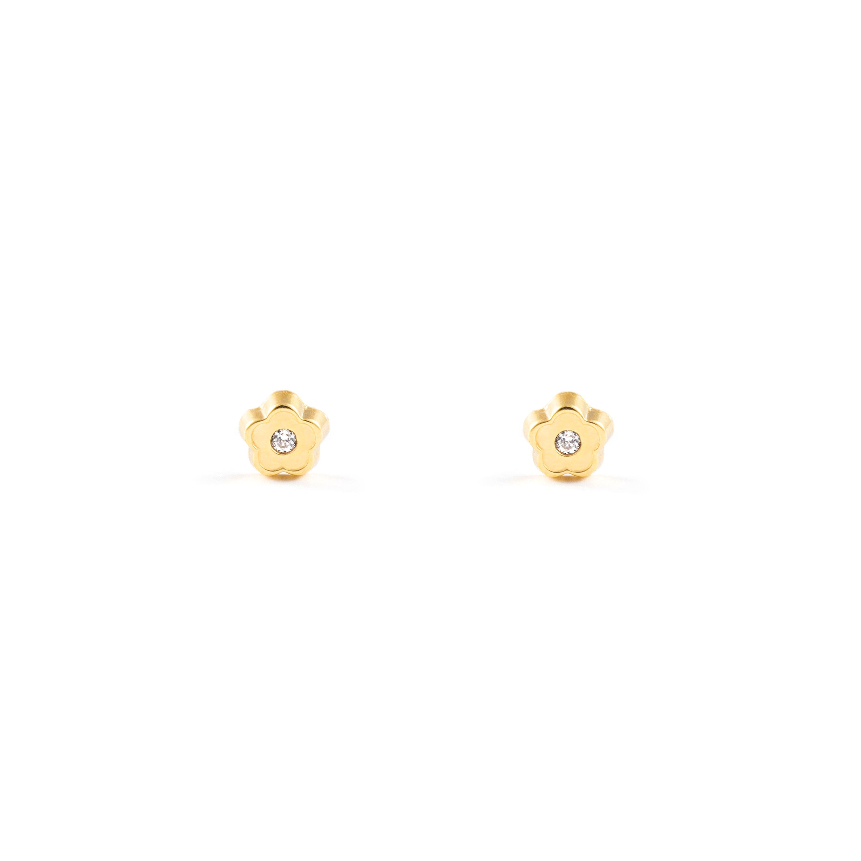 9K Yellow Gold Baby Earrings Shiny Zirconia Daisy Flower