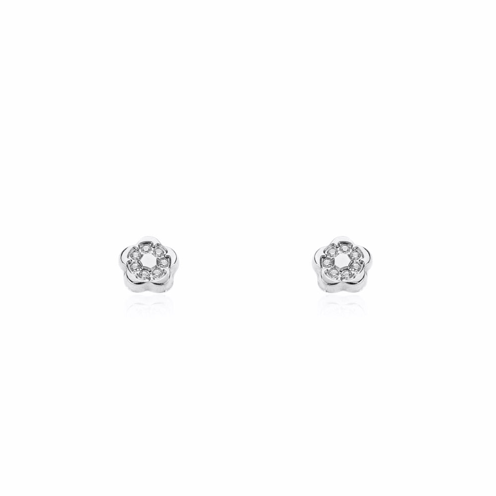 Baby-Girl Earrings 9K White Gold Flower Shiny Zircons