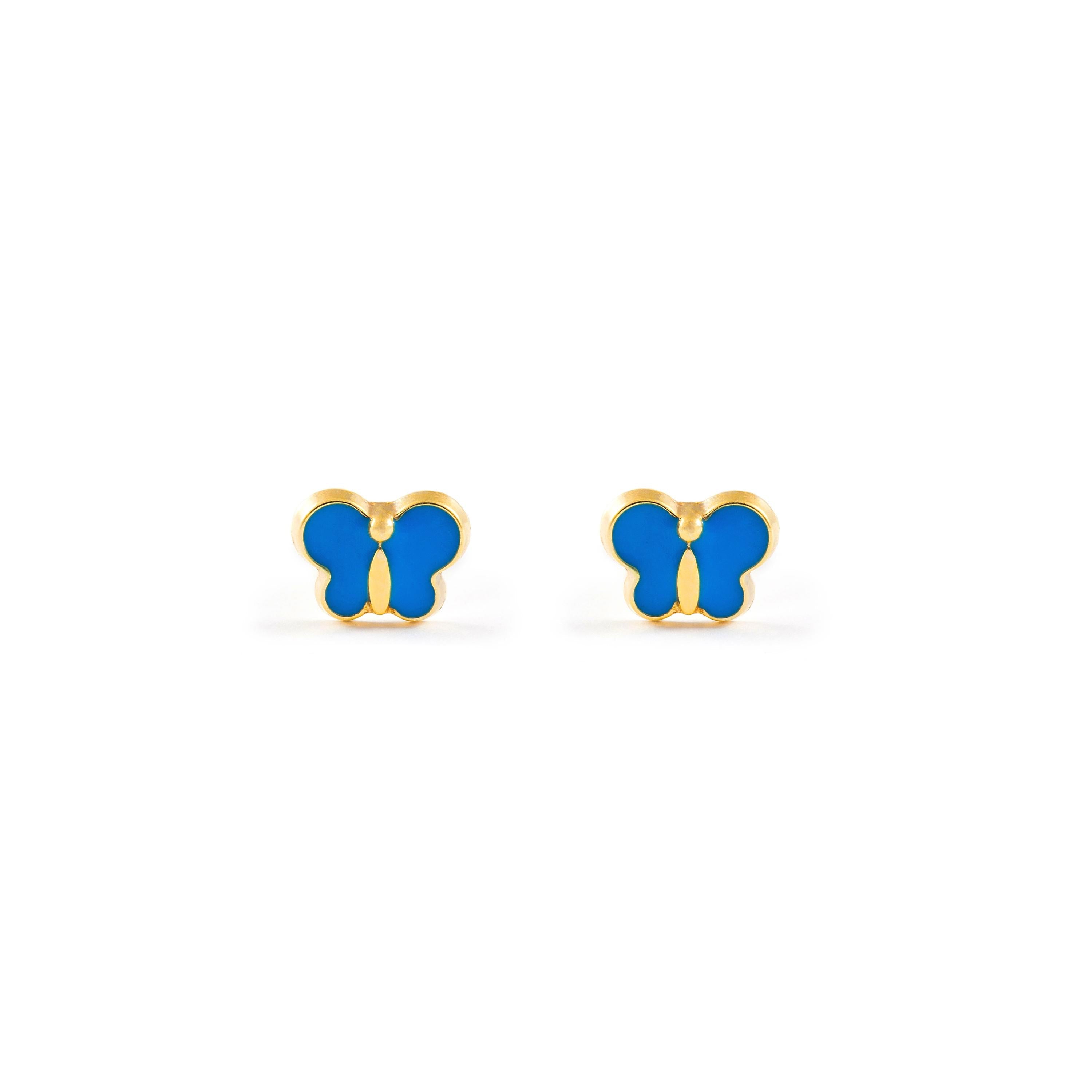 Baby-Girl Earrings 9K Yellow Gold Shiny Blue Enamel Butterfly