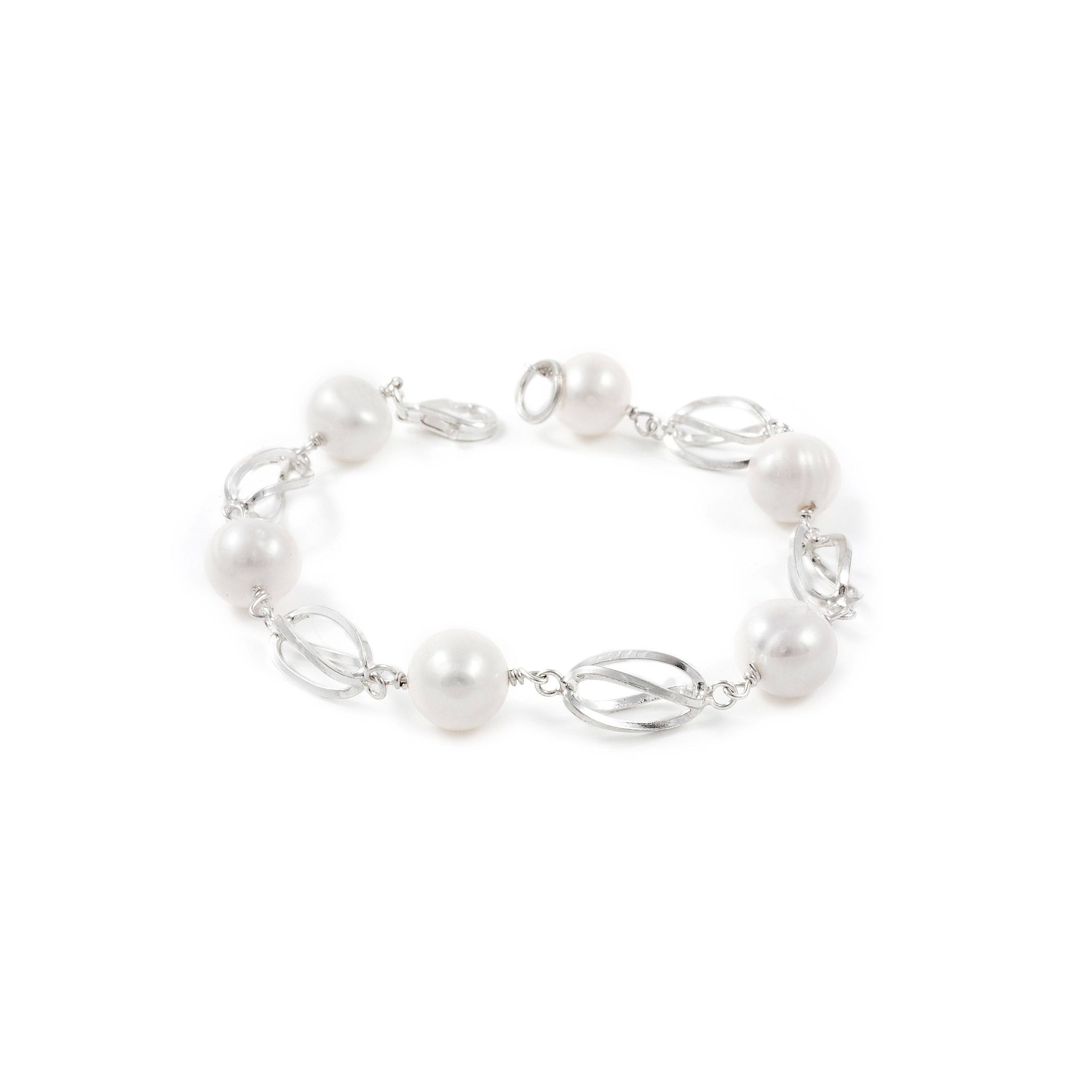 Sterling Silver Round Pearl Bracelet 8 mm Shiny Basket