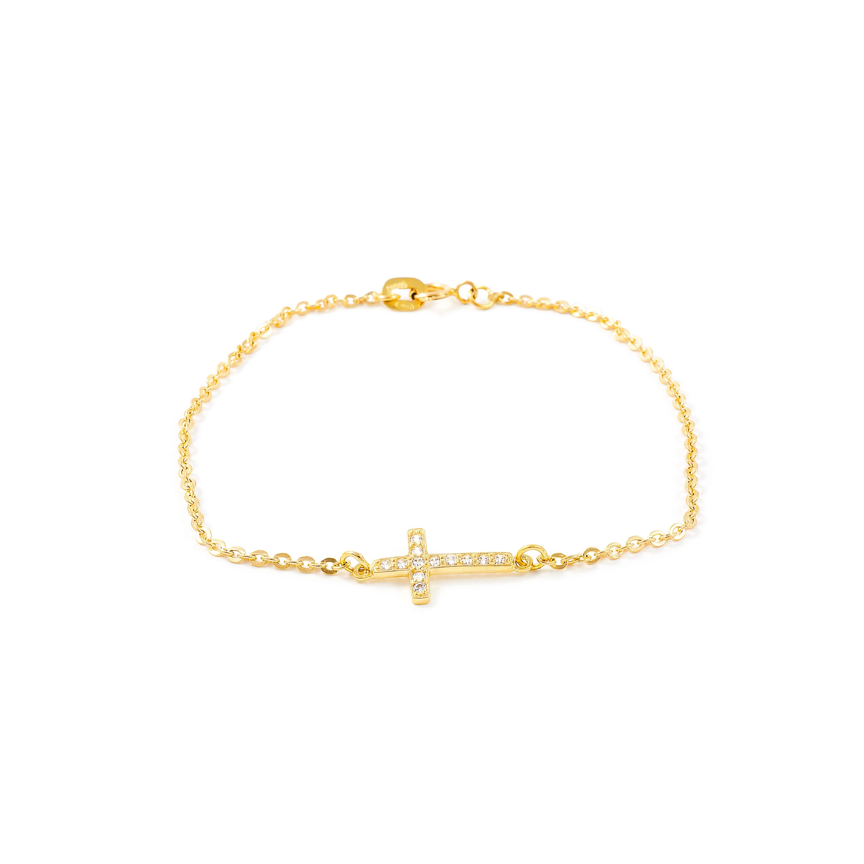 Girl's Bracelet 18K Yellow Gold Horizontal Cross Shiny Zirconia 18 cm