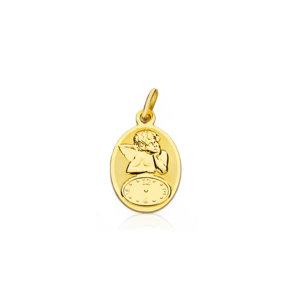 Personalized 18K Yellow Gold Medal Angel Oval Matte and Shiny 19 x 12 mm