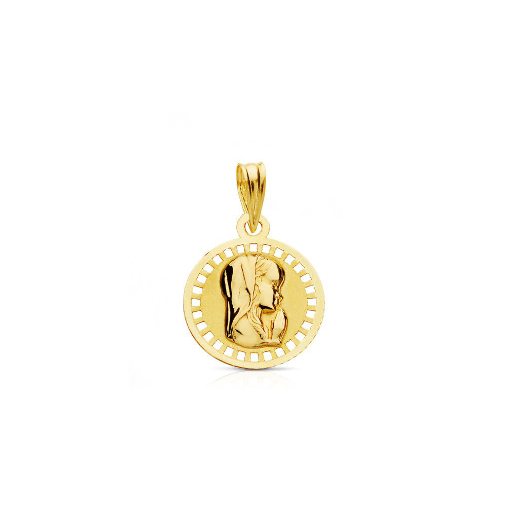18K Yellow Gold Medal Personalized Virgin Girl Round Matte and Shiny 16 x 16 mm