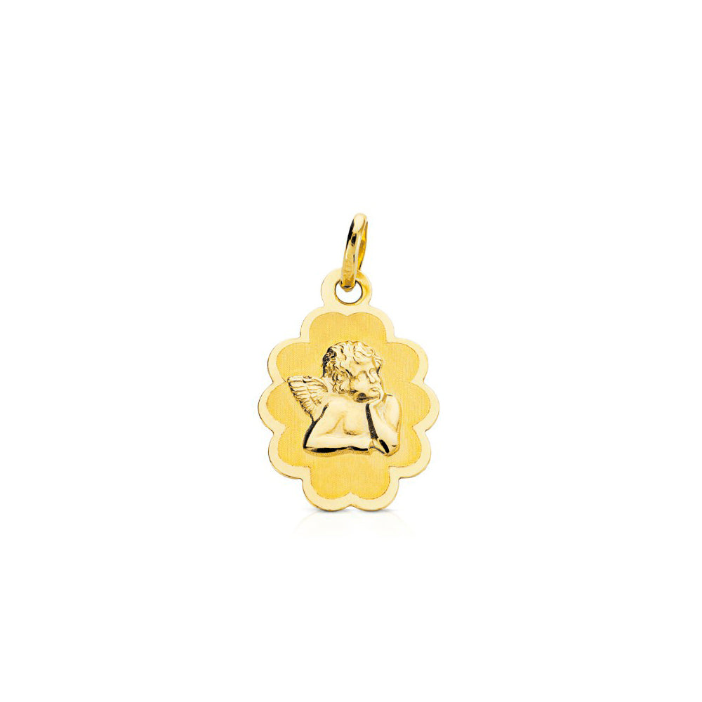 Personalized 18K Yellow Gold Medal Wavy Matte and Shiny Angel 17 x 12 mm