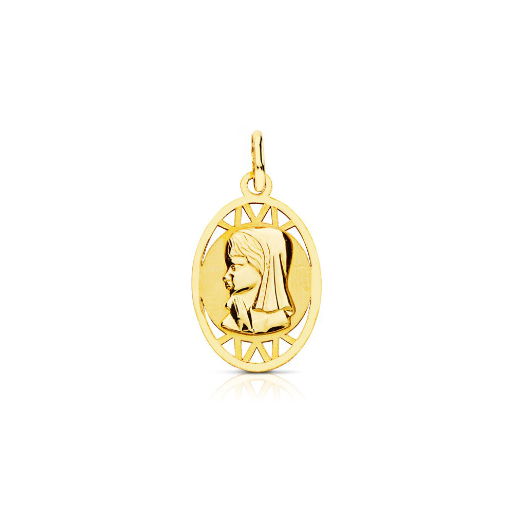 18K Yellow Gold Medal Personalized Virgin Girl Oval Matte and Shiny 17 x 12 mm