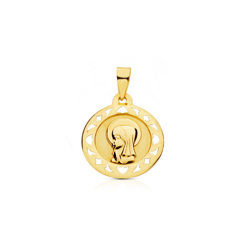 9K Yellow Gold Medal Personalized Virgin Girl Round Matte and Shiny 18 x 18 mm