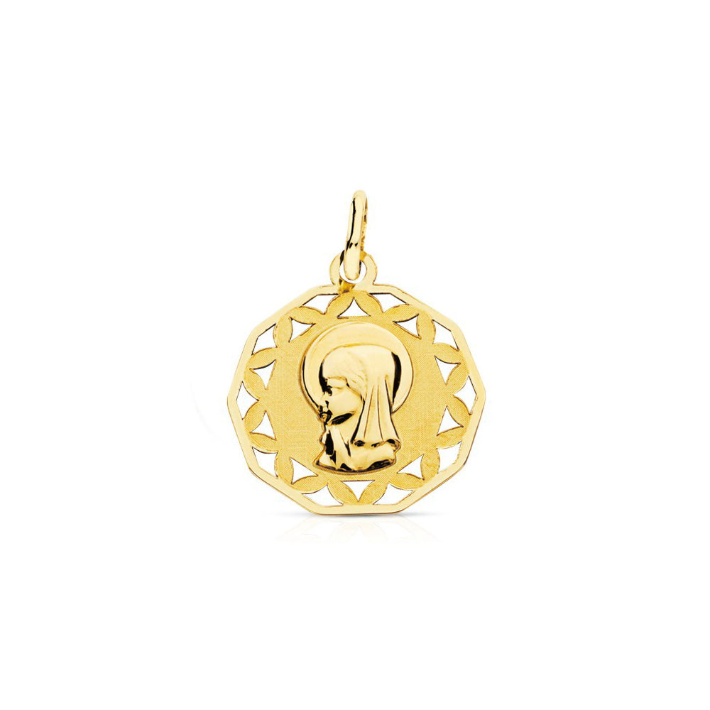 9K Yellow Gold Medal Personalized Polygonal Virgin Girl Matte and Shiny 16 x 16 mm