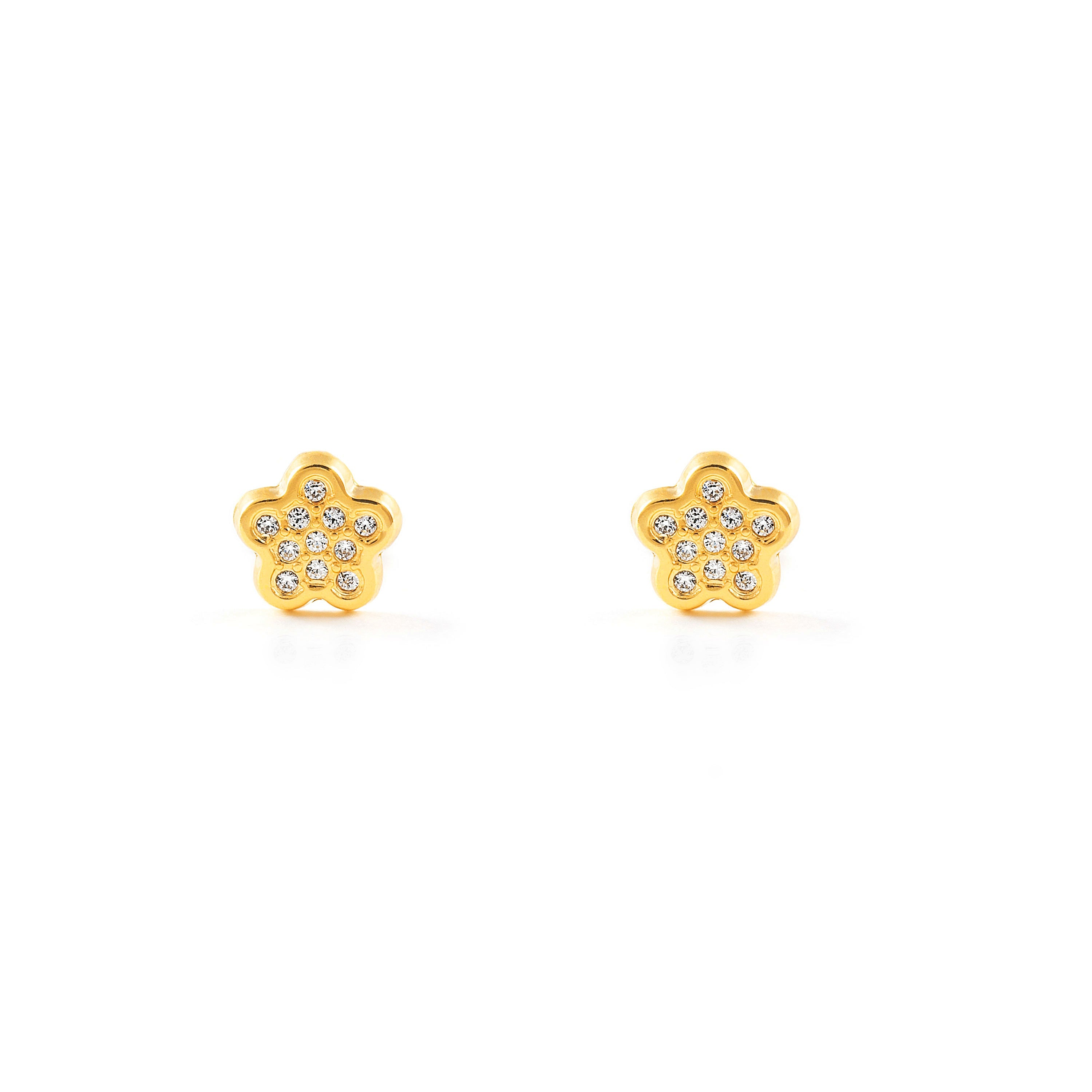 Girl's Earrings 9K Yellow Gold Flower Shiny Zirconia