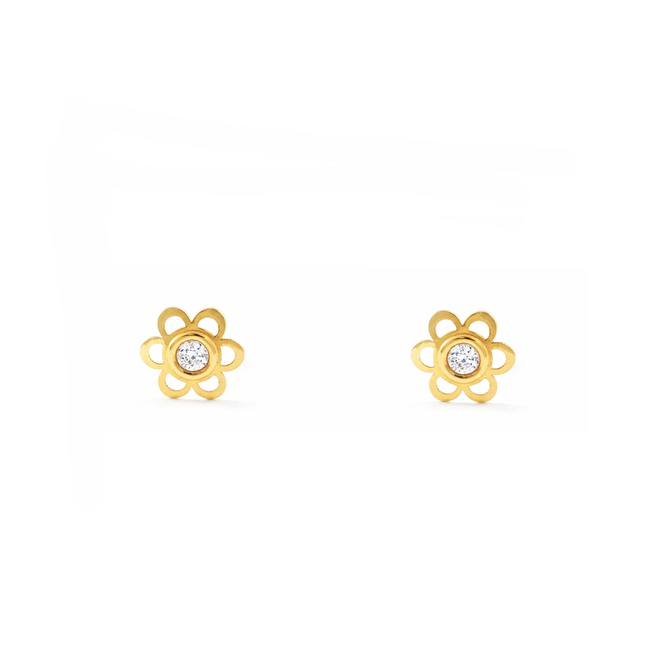 Pendientes Bebe-Niña Oro Amarillo 18K Flor Margarita Circonita Brillo