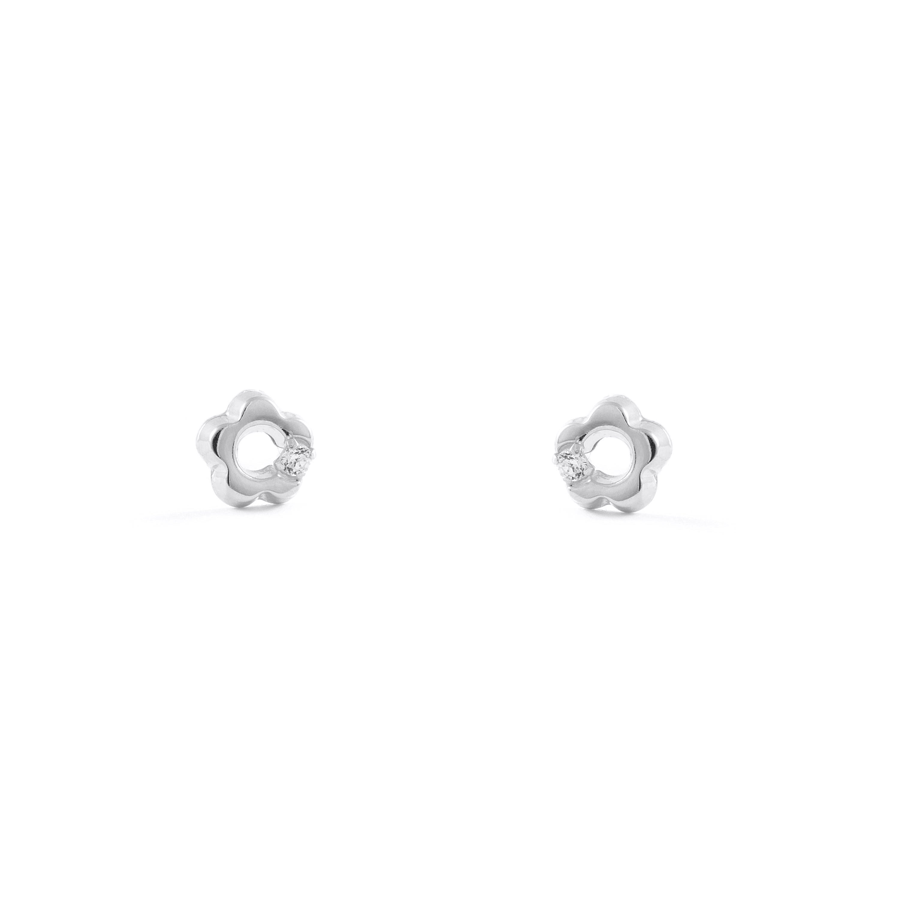 Baby-Girl Earrings 9K White Gold Daisy Flower Shiny Zirconia