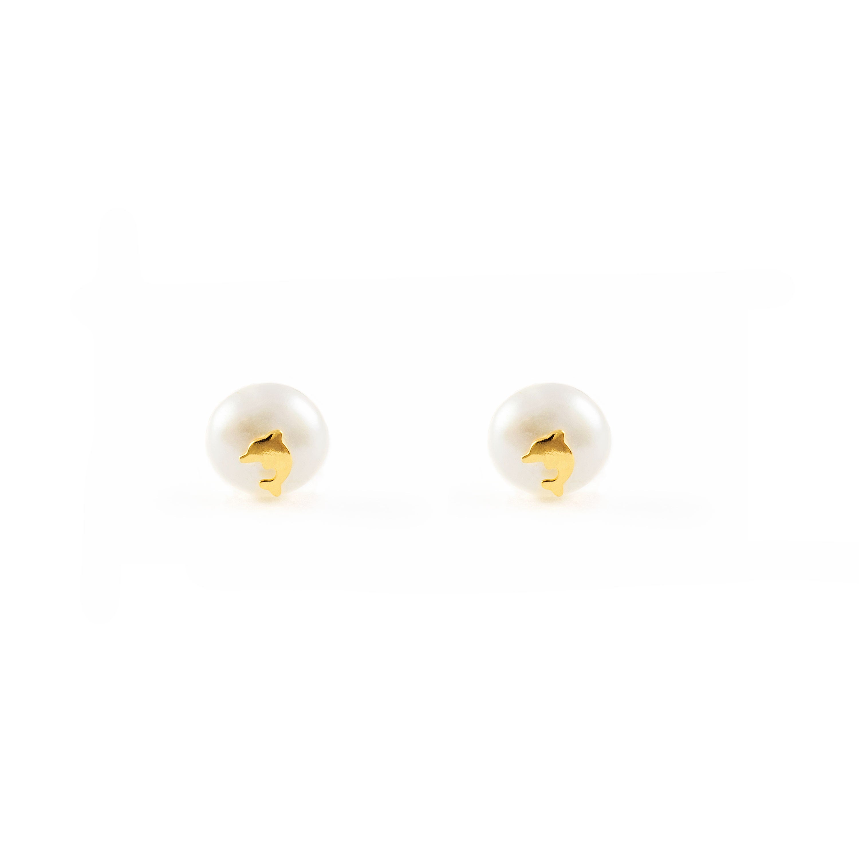 Pendientes Bebe-Niña Oro Amarillo 18K Perla Botón 5 mm Delfín Brillo