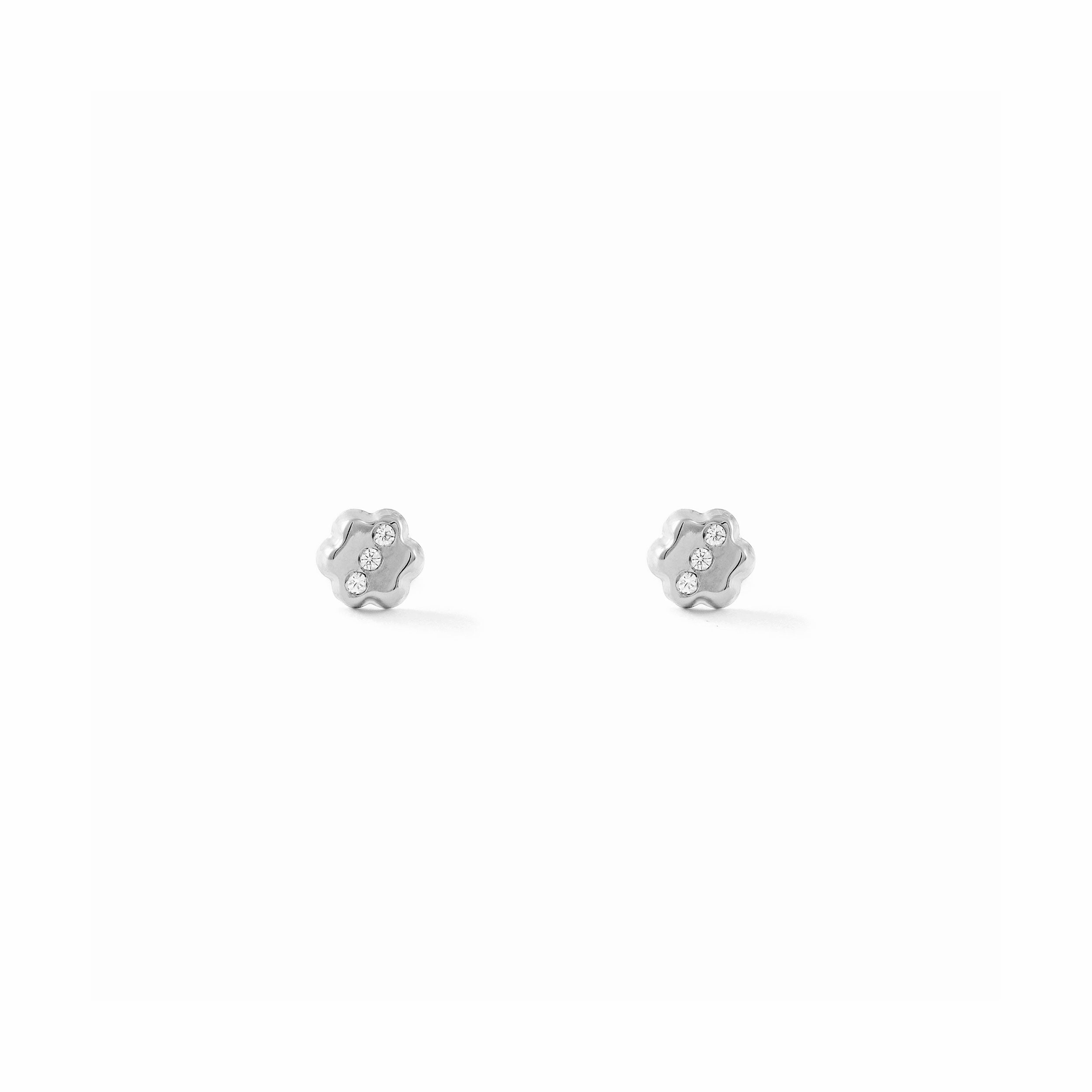 Pendientes Bebe-Niña Oro Blanco 18K Flor Margarita Circonita Brillo