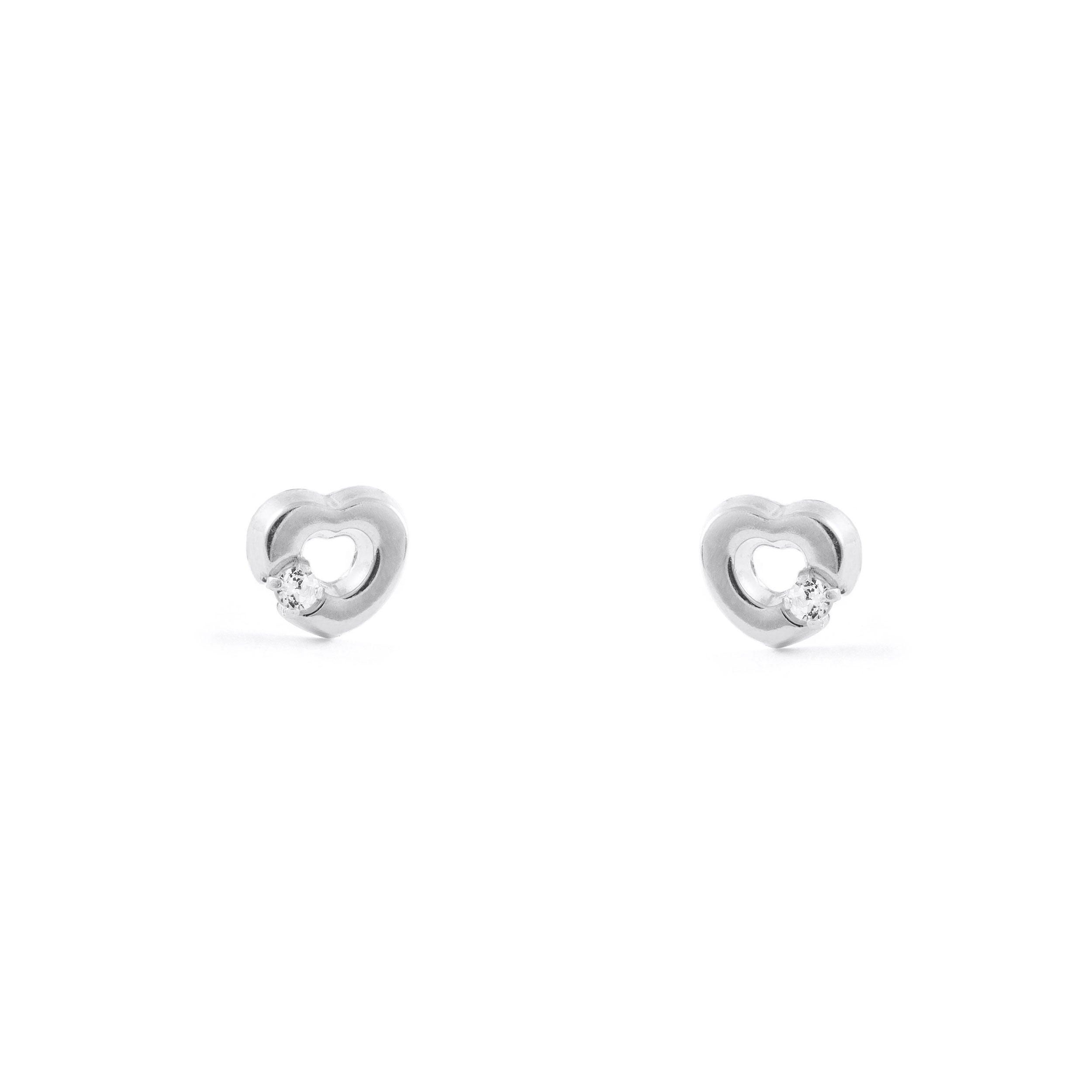 Pendientes Bebe-Niña Oro Blanco 18K Corazón Circonita Brillo