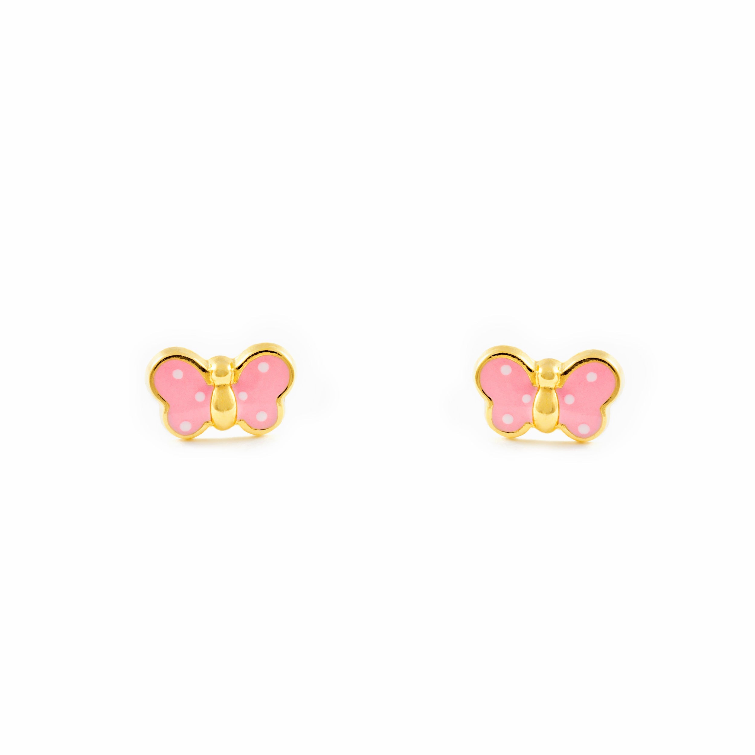 Pendientes Bebe-Niña Oro Amarillo 18K Mariposa Esmalte Rosa Claro Brillo