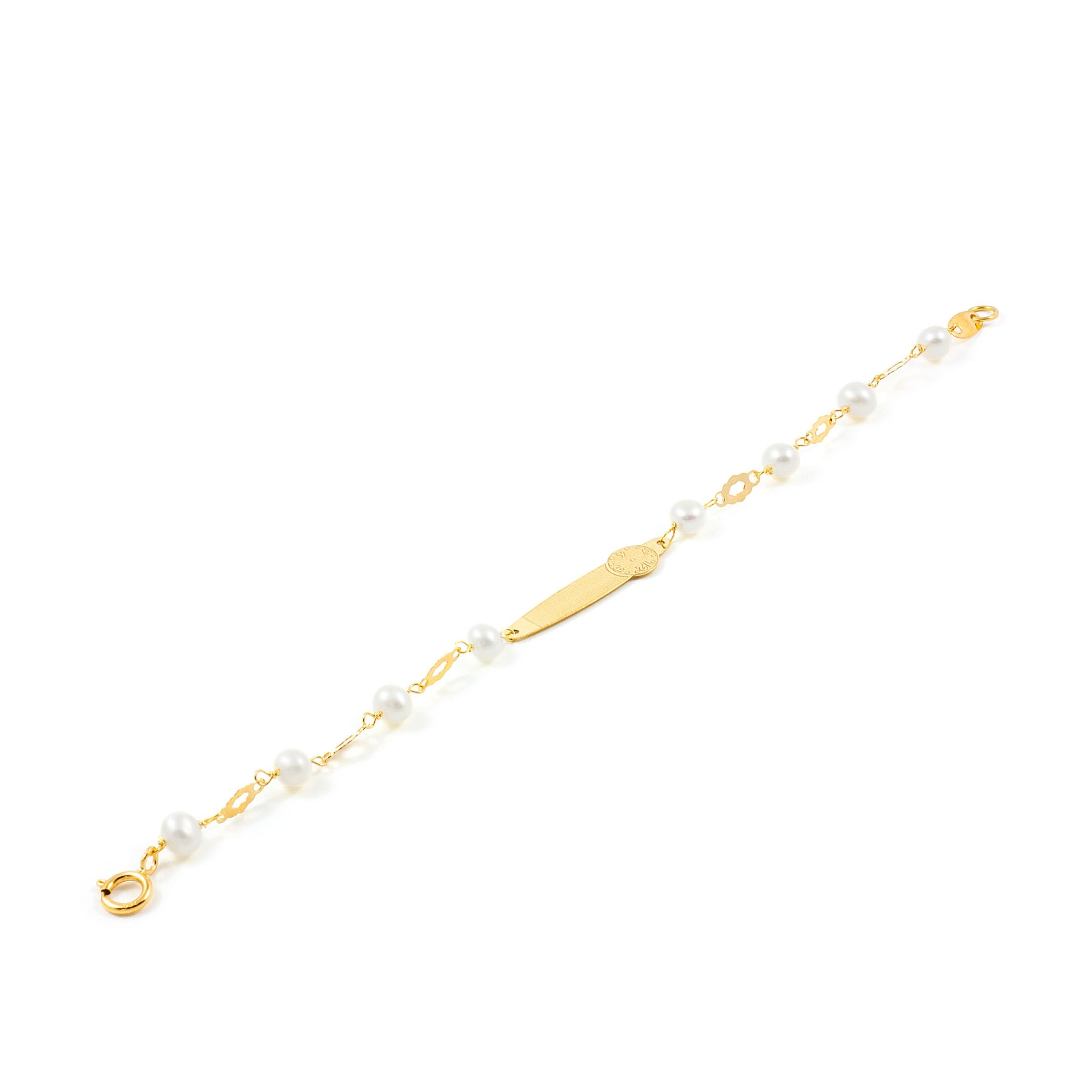 Pulsera Bebe oro chapa hora nacimiento y perlas