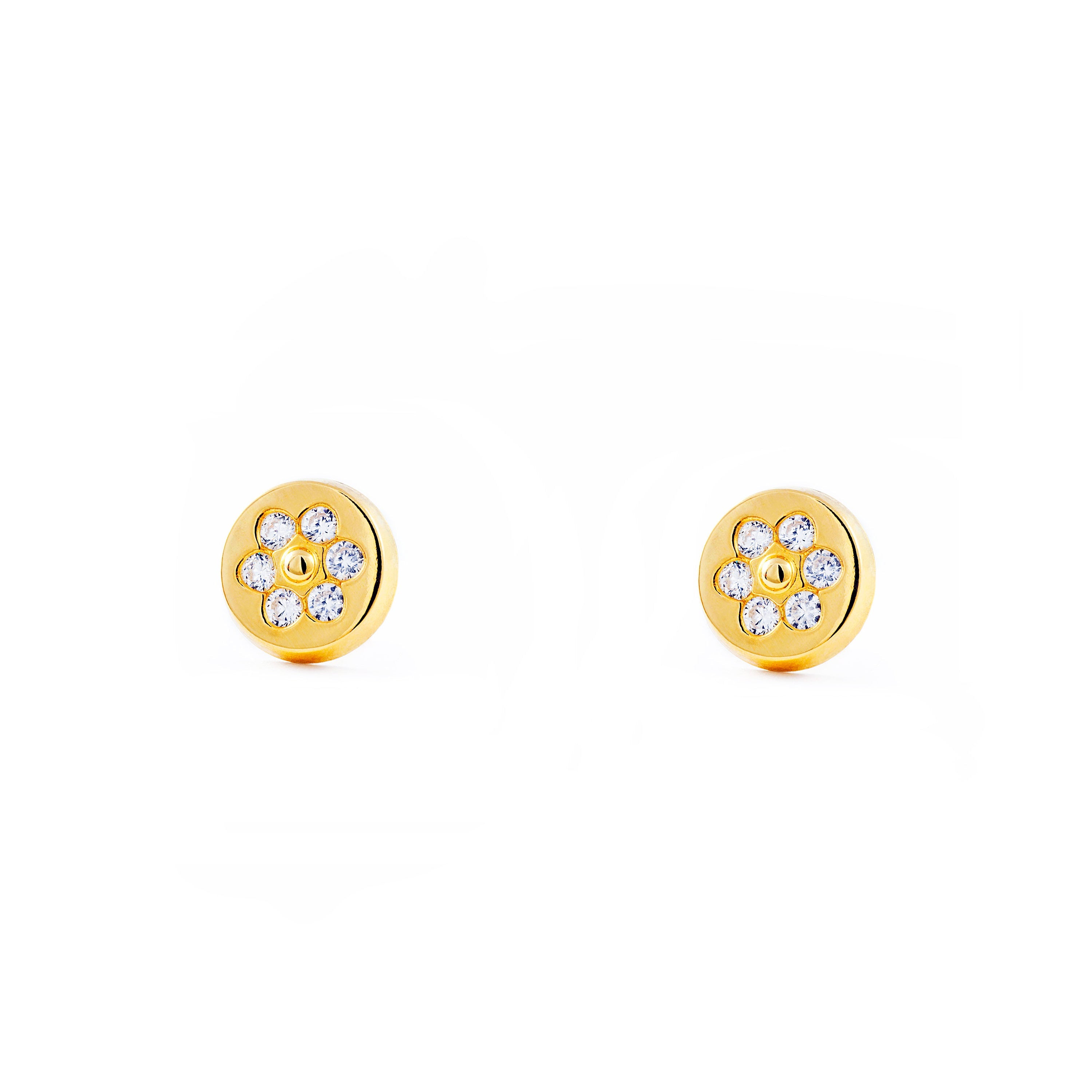 Women's-Girl's Earrings 18K Yellow Gold Round Shiny Zircons