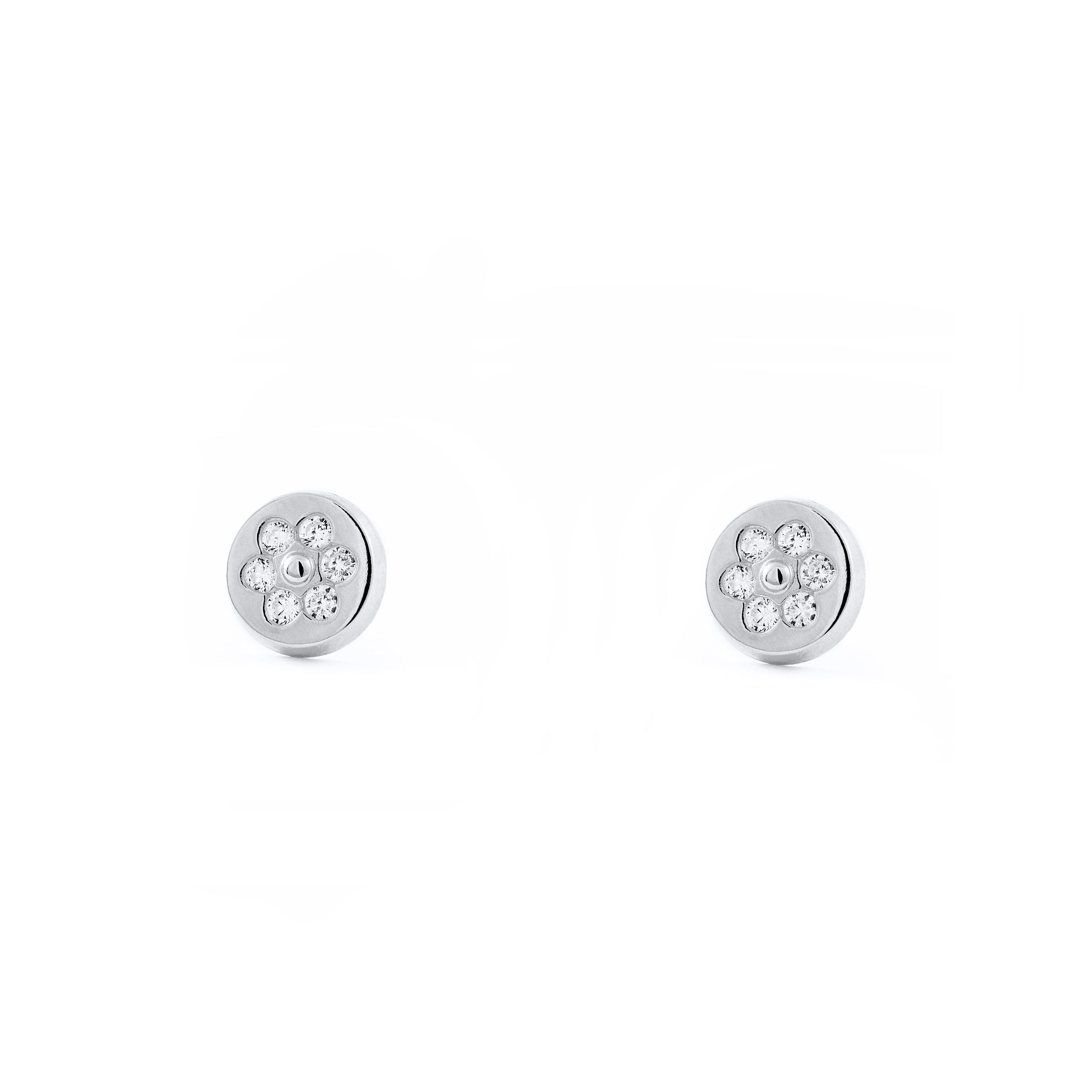 Girl's Earrings 18K White Gold Round Shiny Zirconia