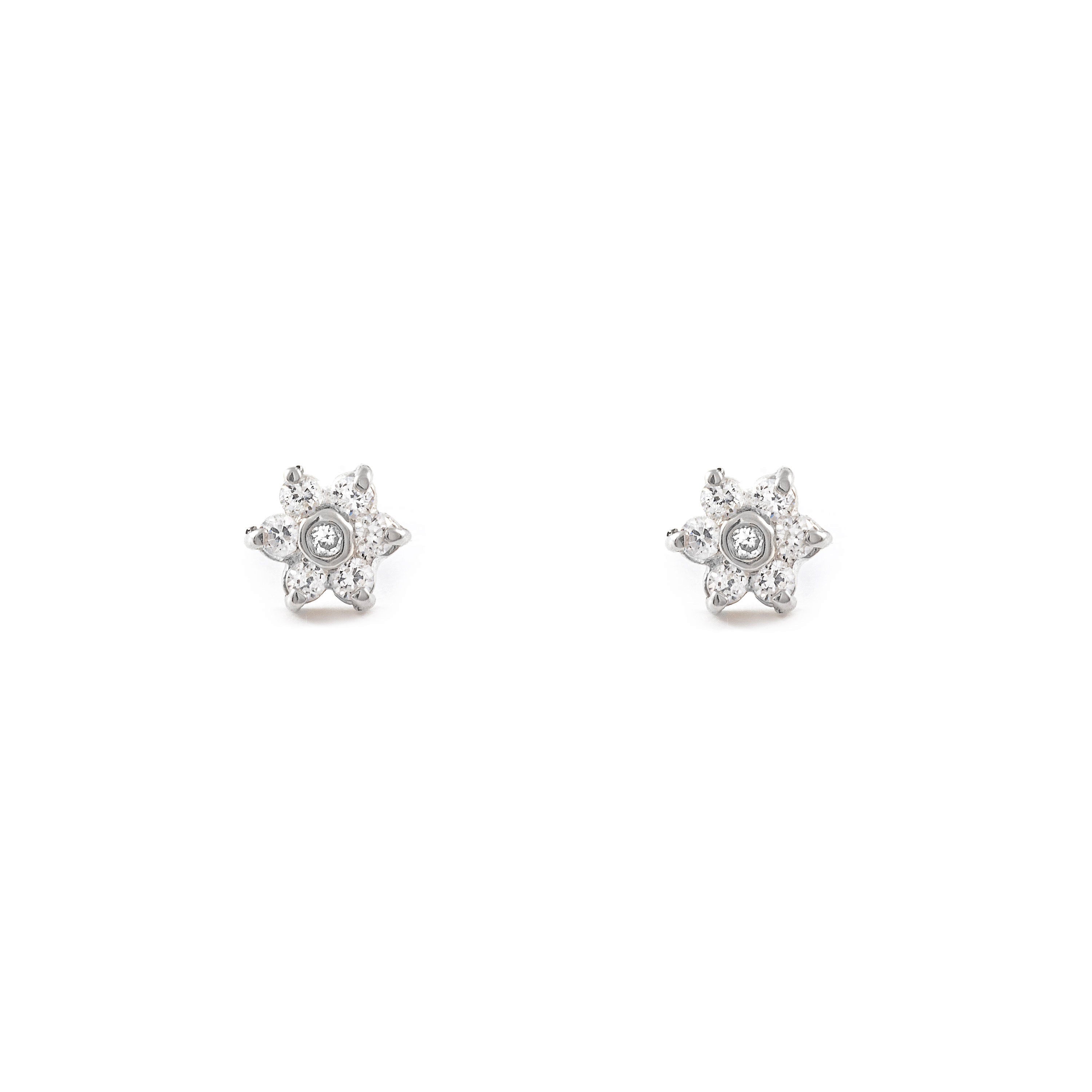 Baby-Girl Earrings 9K White Gold Daisy Flower Shiny Zirconia