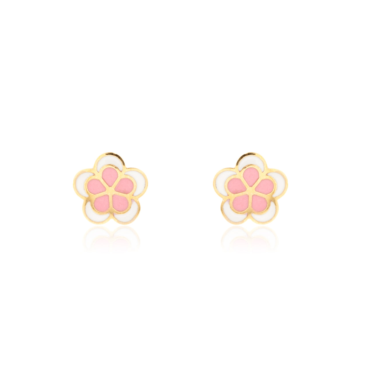 Pendientes Niña Oro Amarillo 18K Flor Margarita Esmalte Rosa-Blanco Brillo