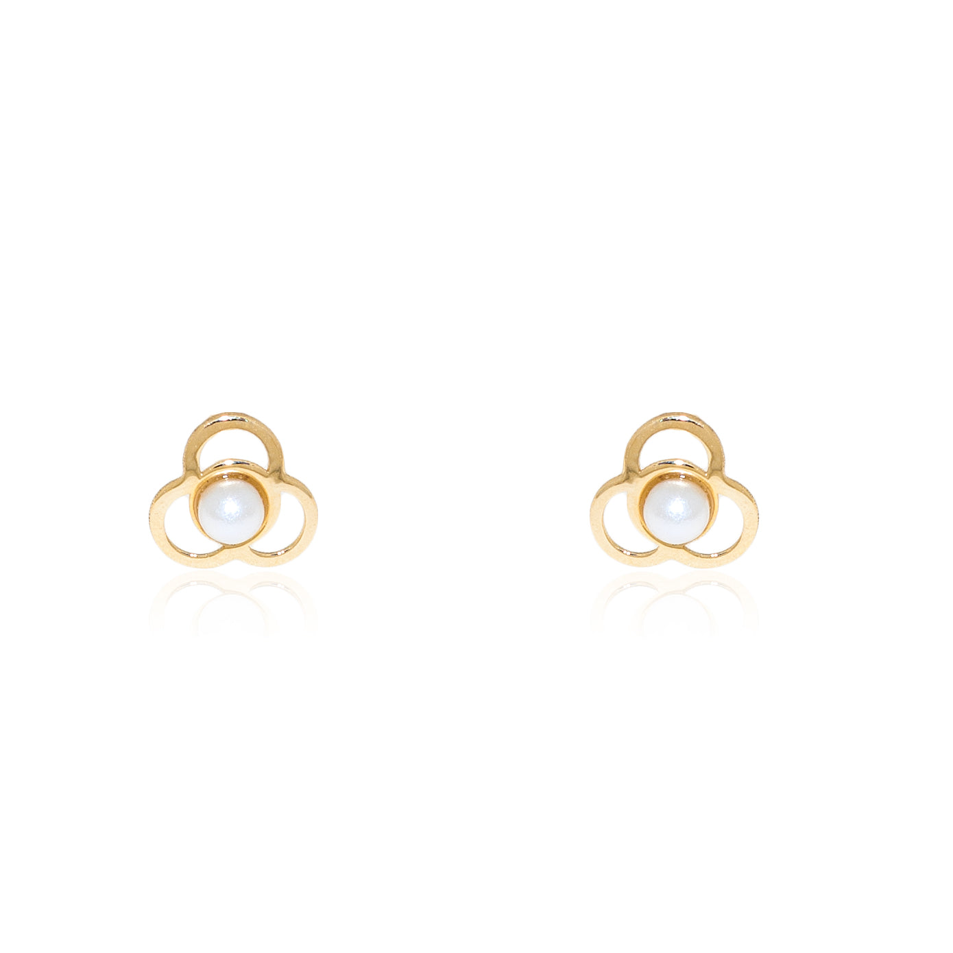 Pendientes Bebe Oro Amarillo 18K Perla Redonda 2 mm Trebol Brillo