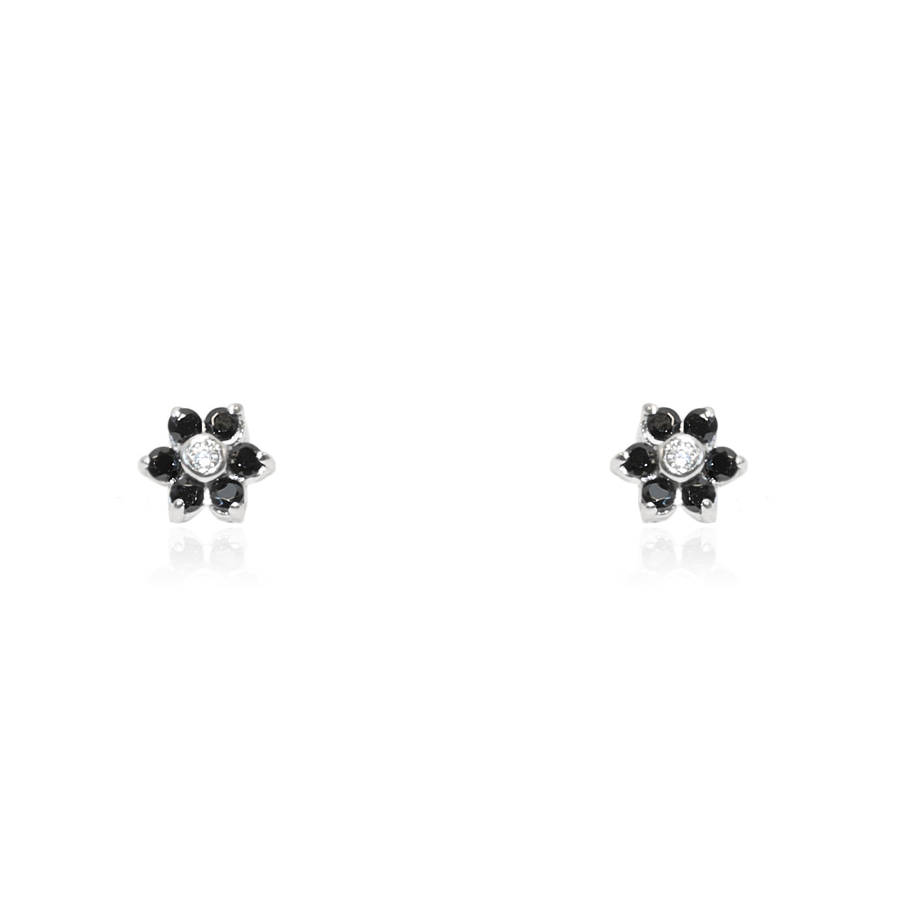 Baby-Girl Earrings 9K White Gold Daisy Flower Shiny Black Zircon