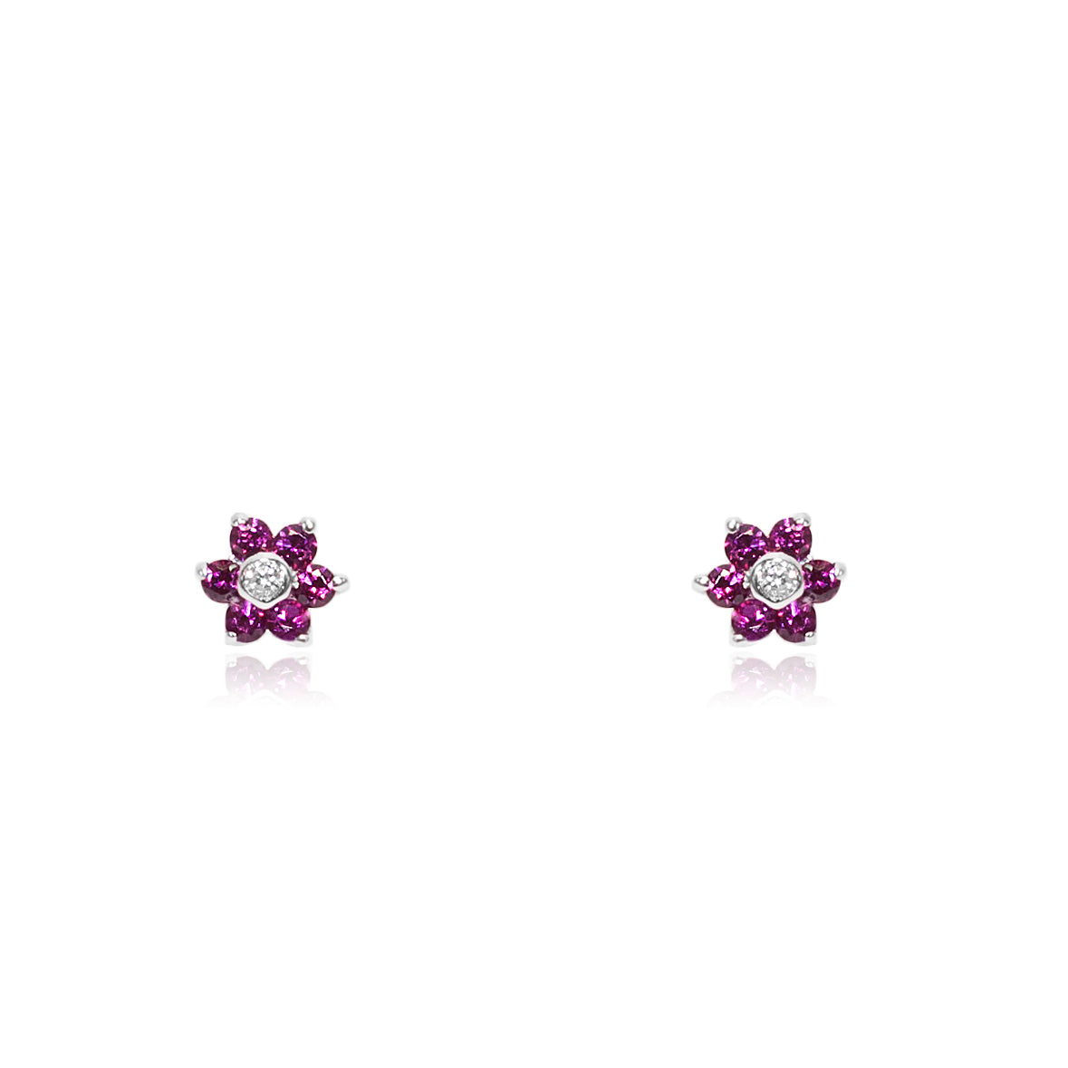 Baby-Girl Earrings 9K White Gold Shiny Ruby Daisy Flower