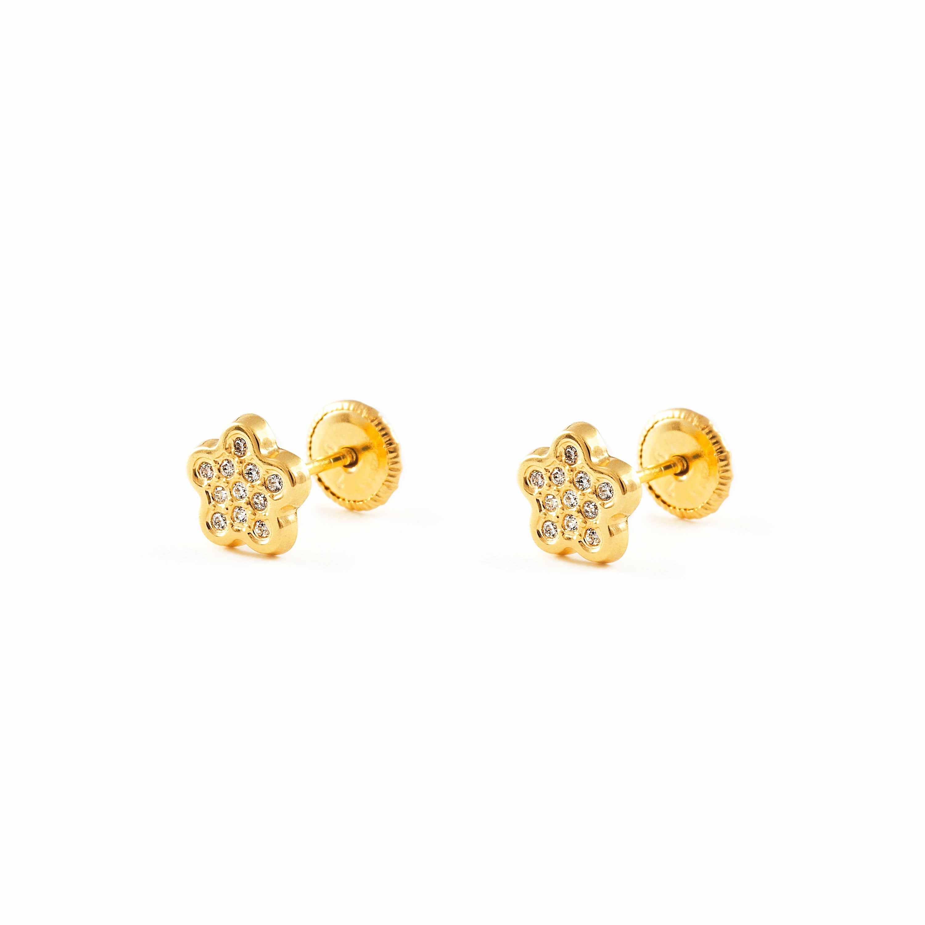 Pendientes Bebe o Niña Oro Amarillo Flor 5 Petalos con Circonitas