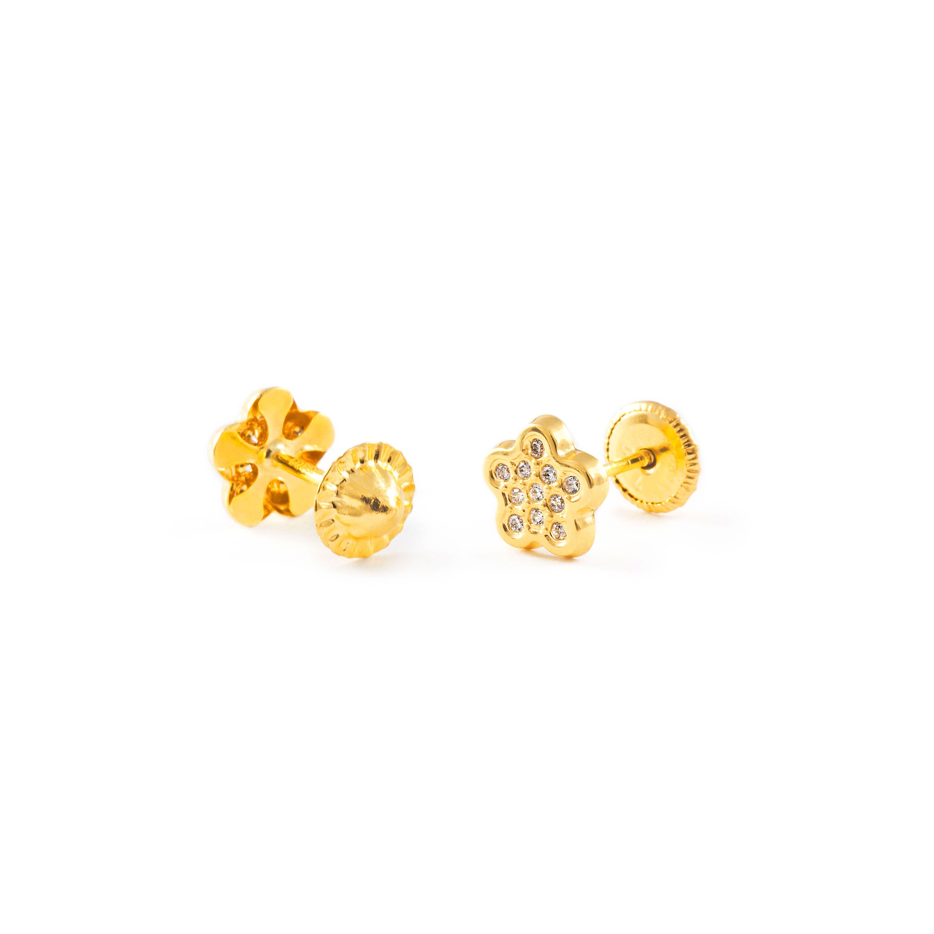 Pendientes Bebe o Niña Oro Amarillo Flor 5 Petalos con Circonitas