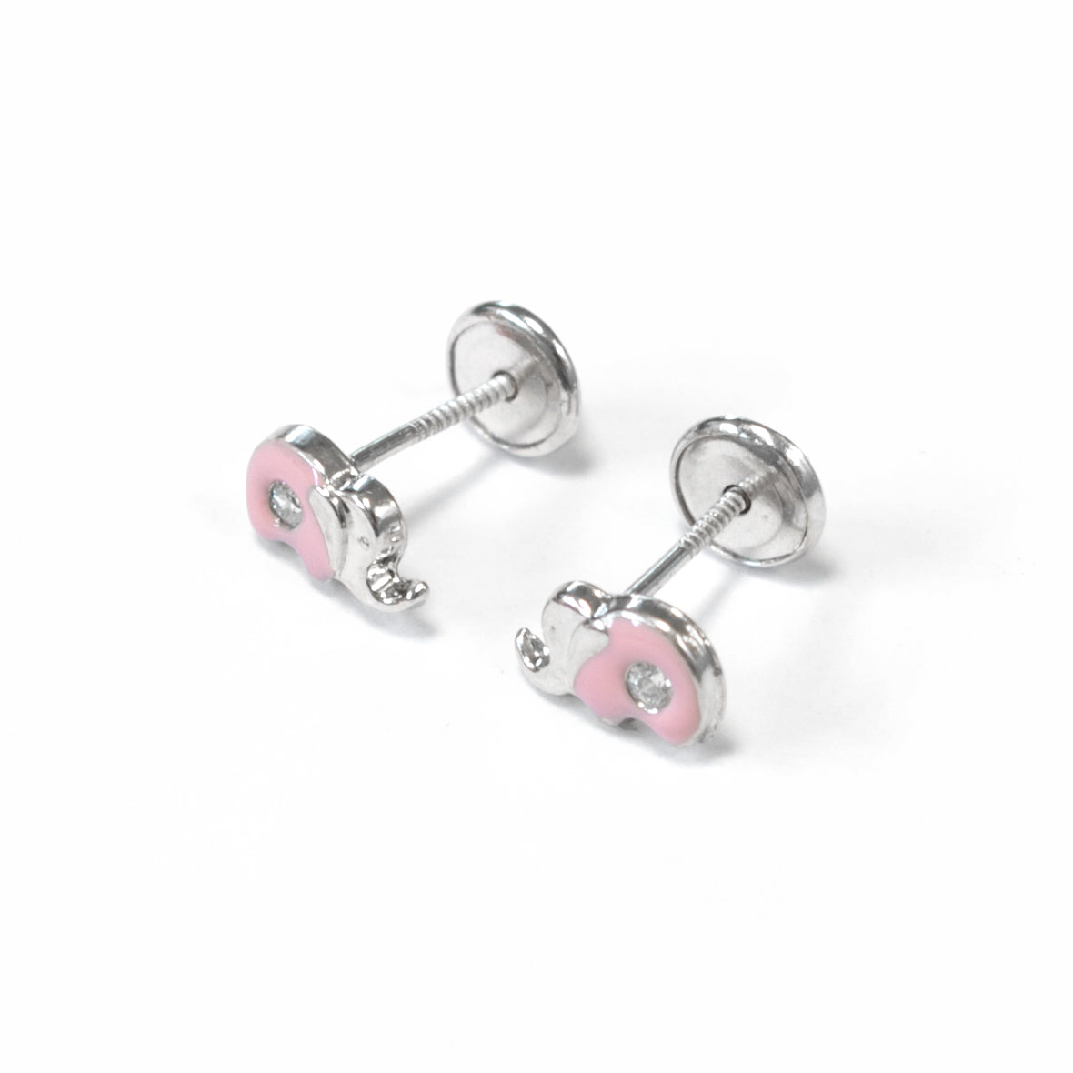 Sterling Silver Elephant Earrings Pink Enamel Shiny Zirconia