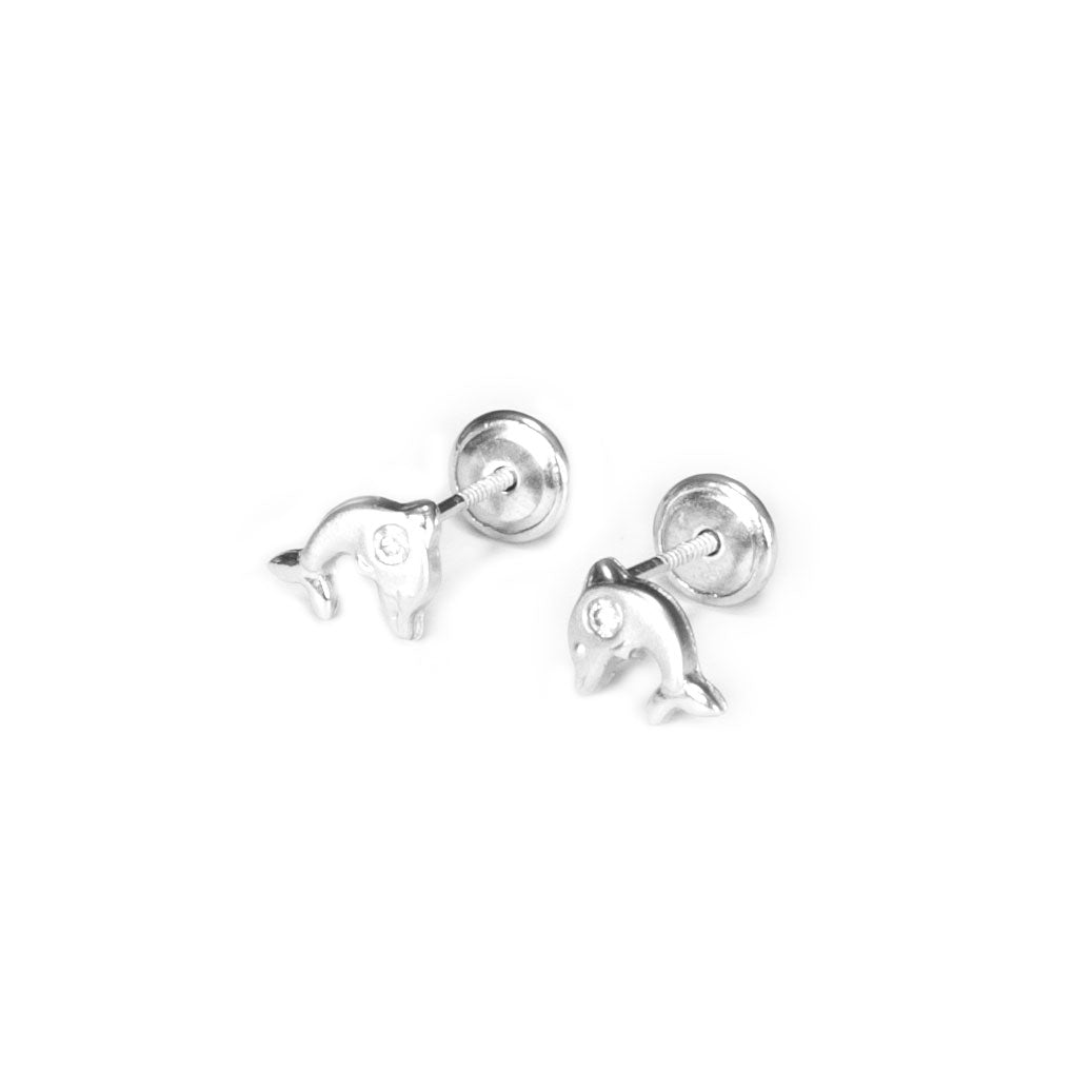 Sterling Silver Dolphin Matte and Shiny Zirconia Earrings