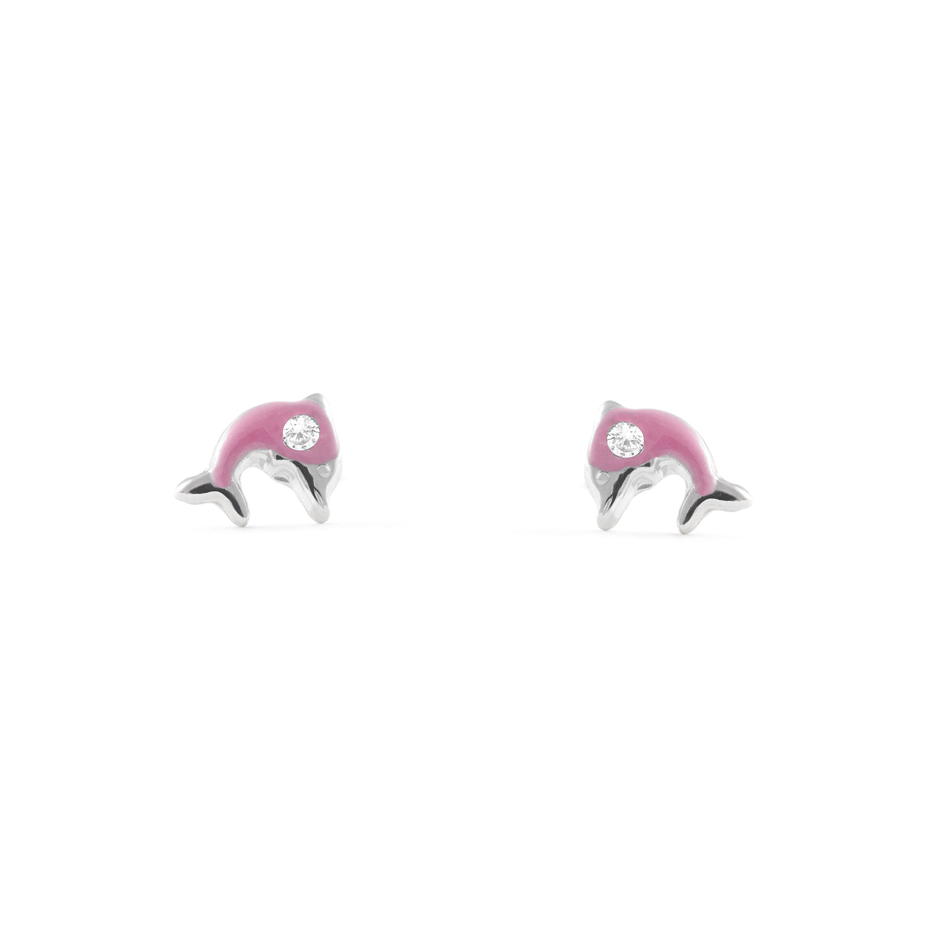 Dolphin Sterling Silver Earrings with Pink Enamel Shiny Zirconia