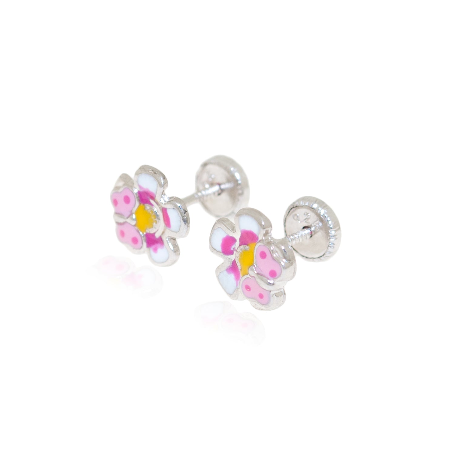 Pendientes Plata flor con mariposa rosa