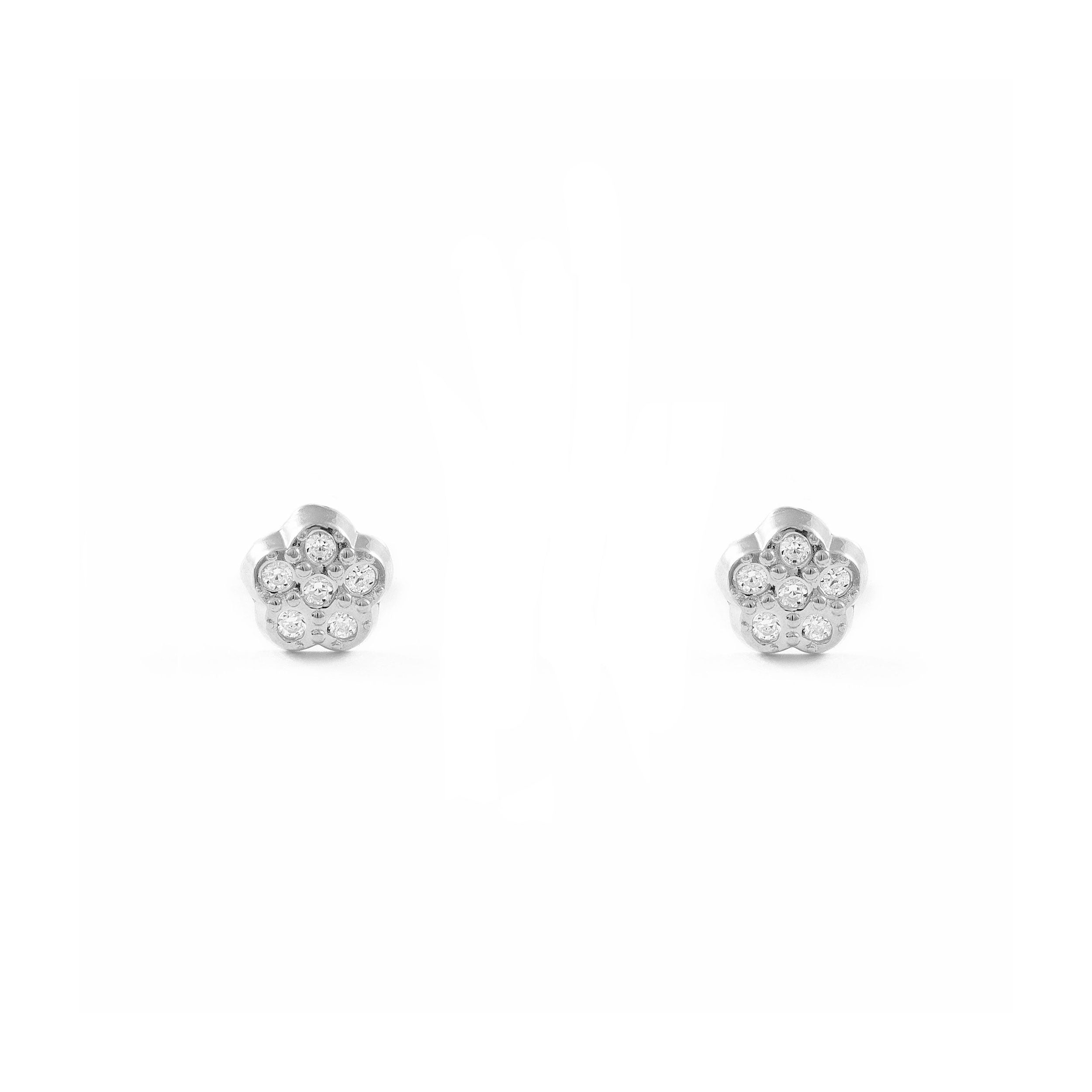 Baby-Girl Earrings 9K White Gold Flower Shiny Zircons