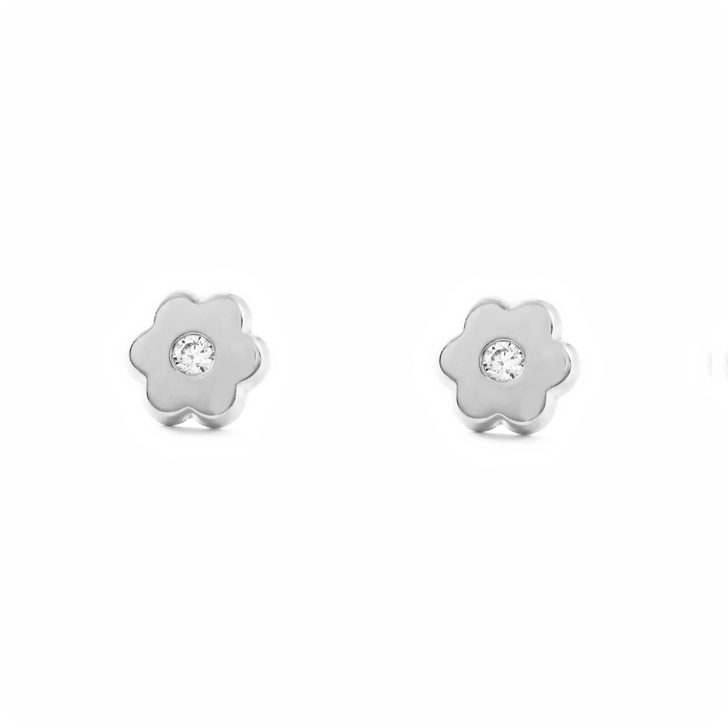 Women's-Girl's Earrings 9K White Gold Flower Daisy Shiny Zirconia