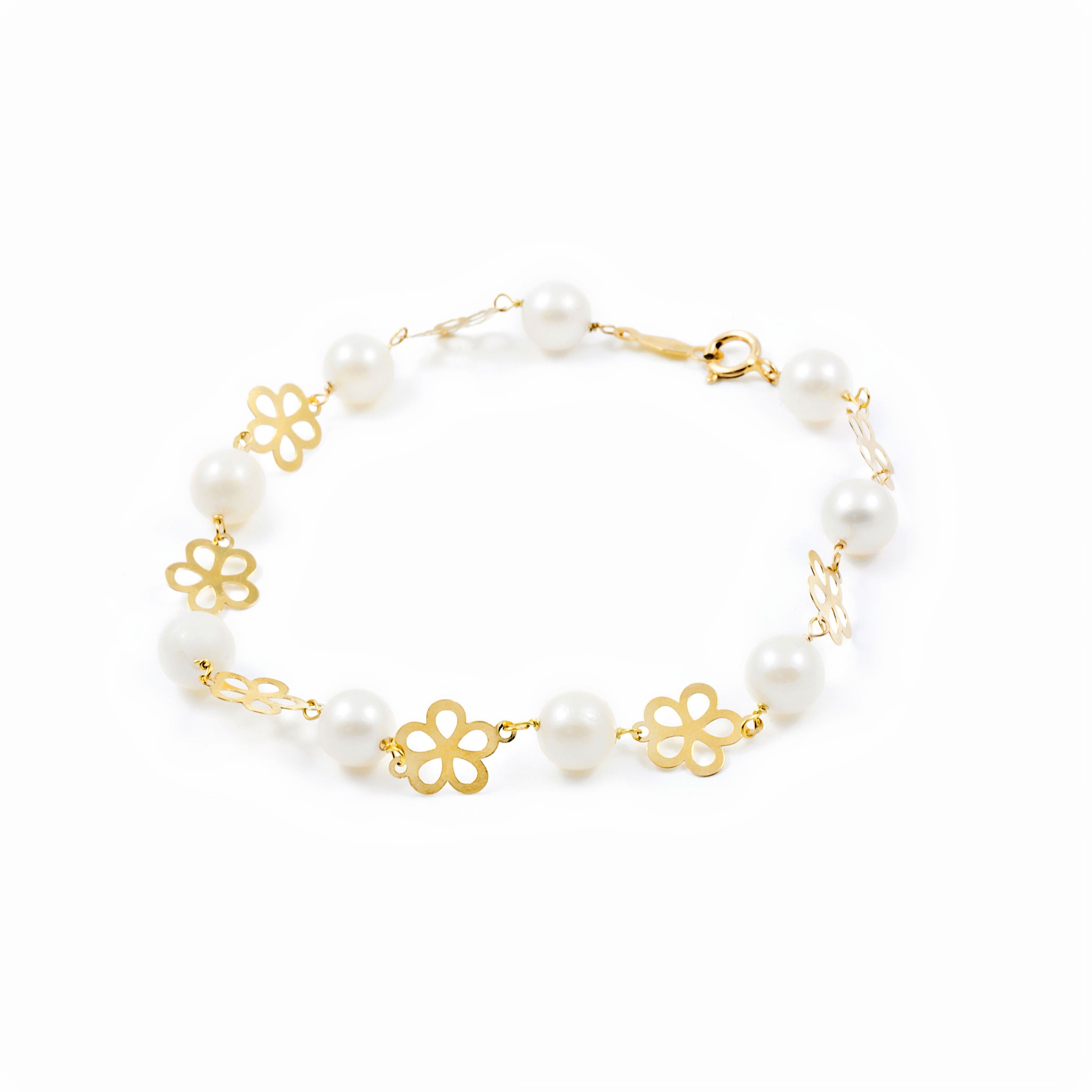 Girl's Bracelet 18K Yellow Gold Round Pearl 6 mm Shiny Flower 18 cm