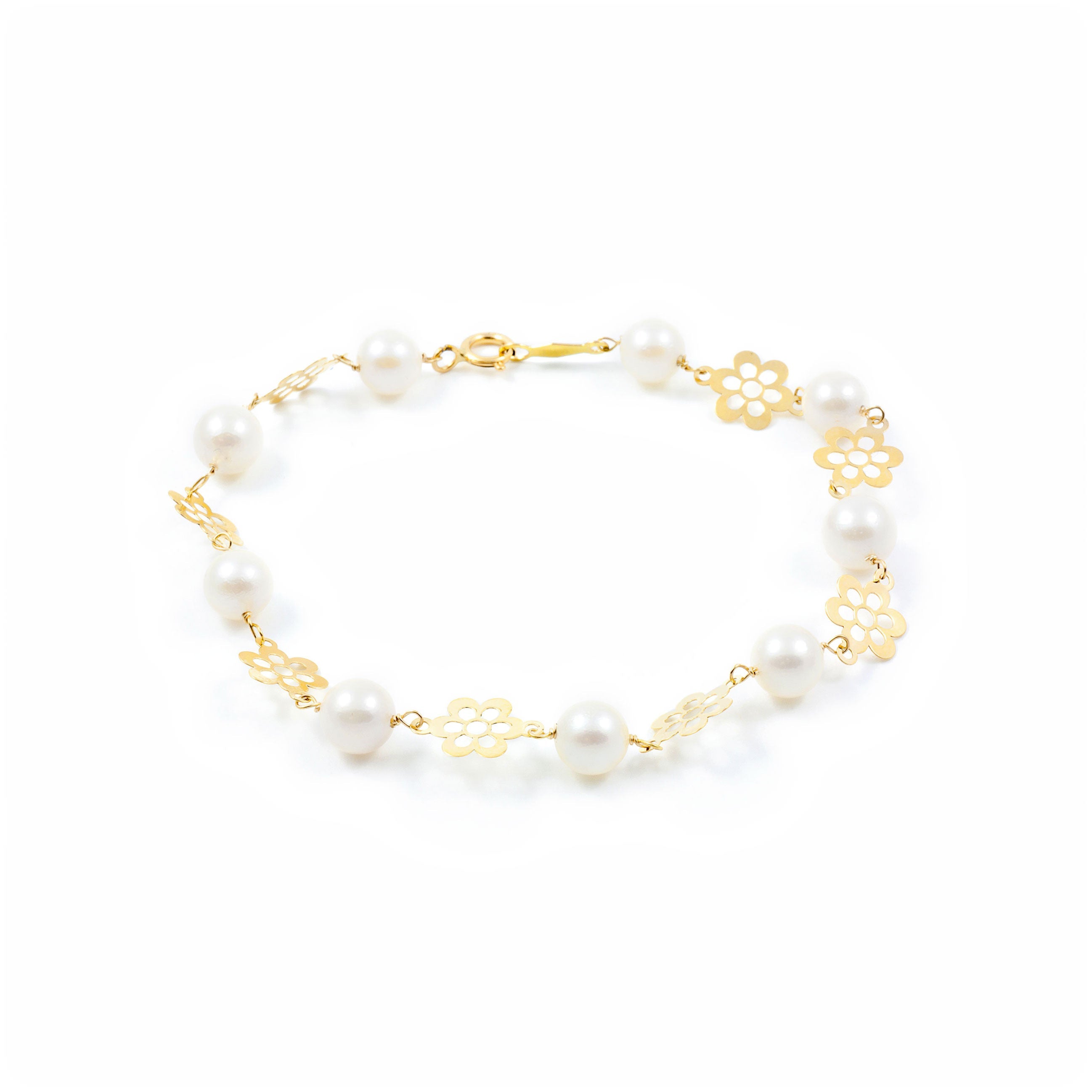 Girl's Bracelet 18K Yellow Gold Round Pearl 6 mm Shiny Flower 18 cm