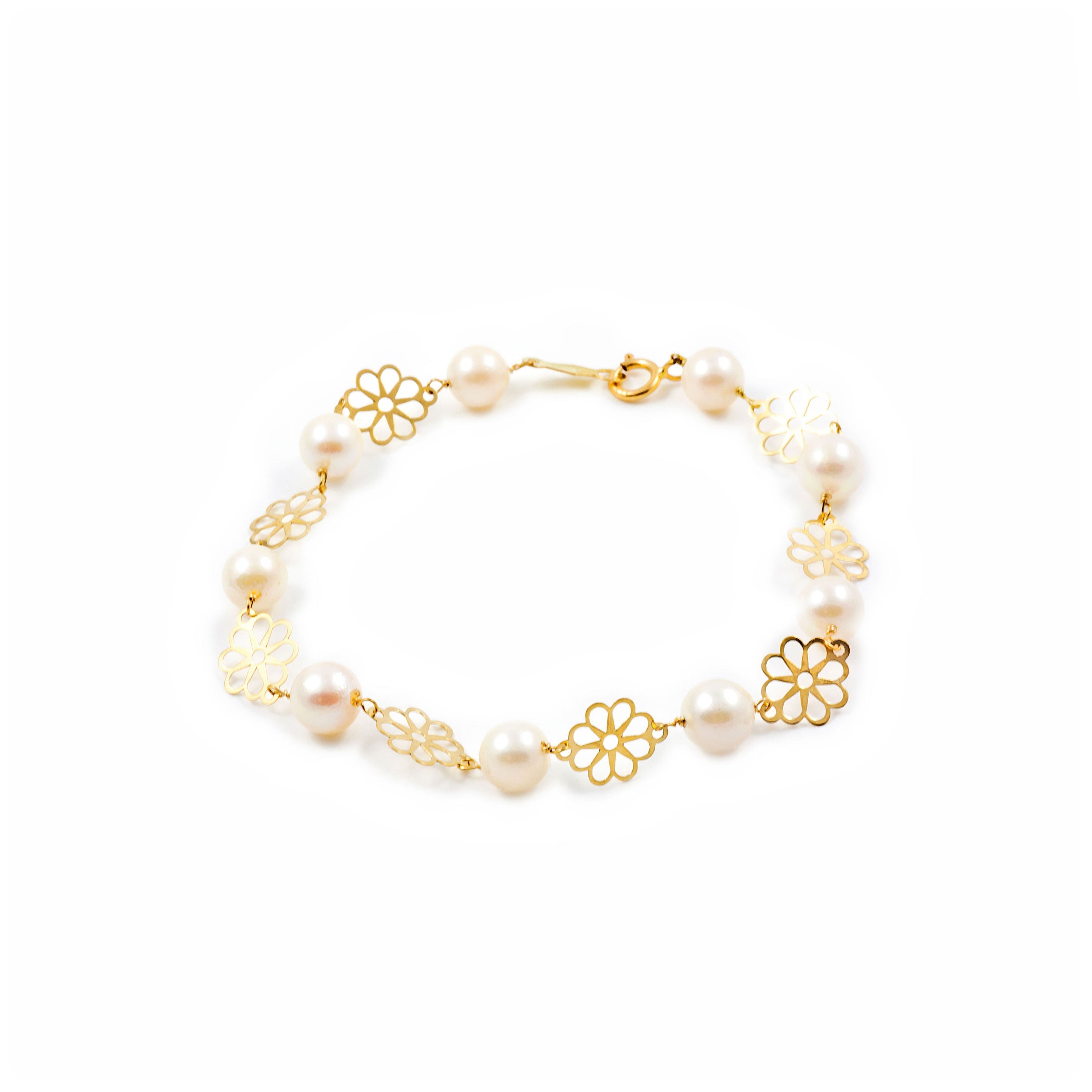 Girl's Bracelet 18K Yellow Gold Round Pearl 6 mm Shiny Flower 17 cm