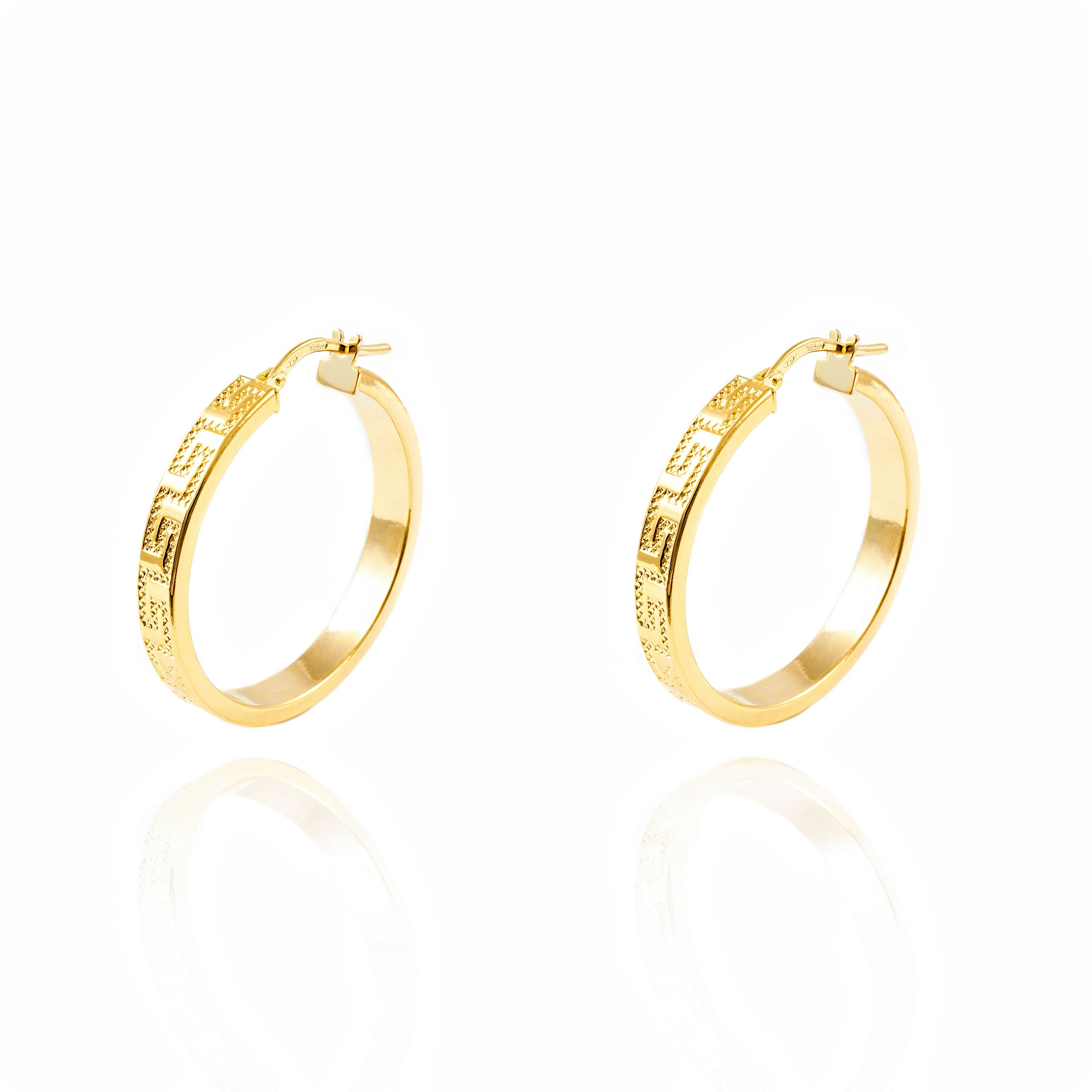 Pendientes Oro Amarillo 18K Aros Rectangular Greca 28 x 4 mm