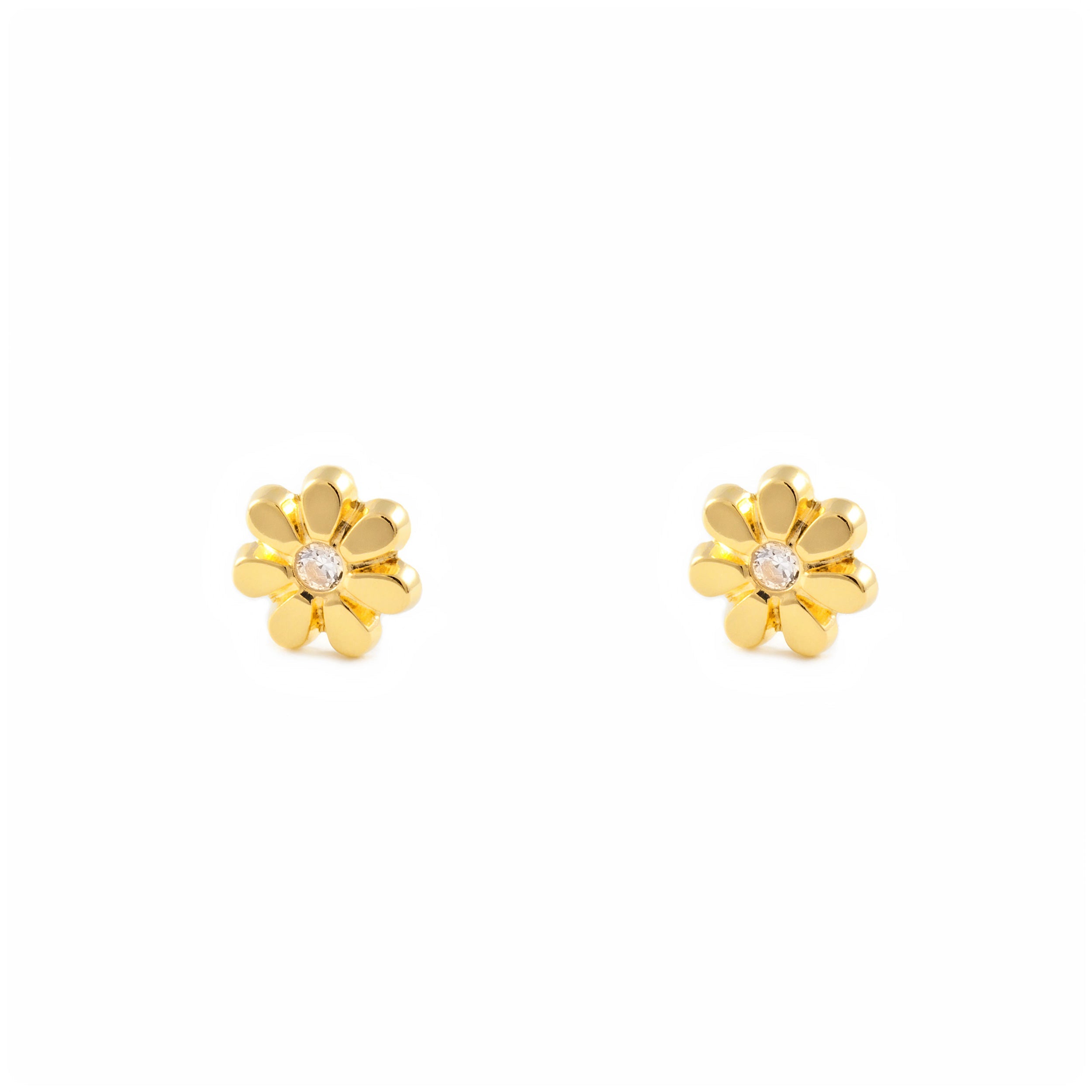Baby-Girl Earrings 18K Yellow Gold Daisy Flower Shiny Zirconia