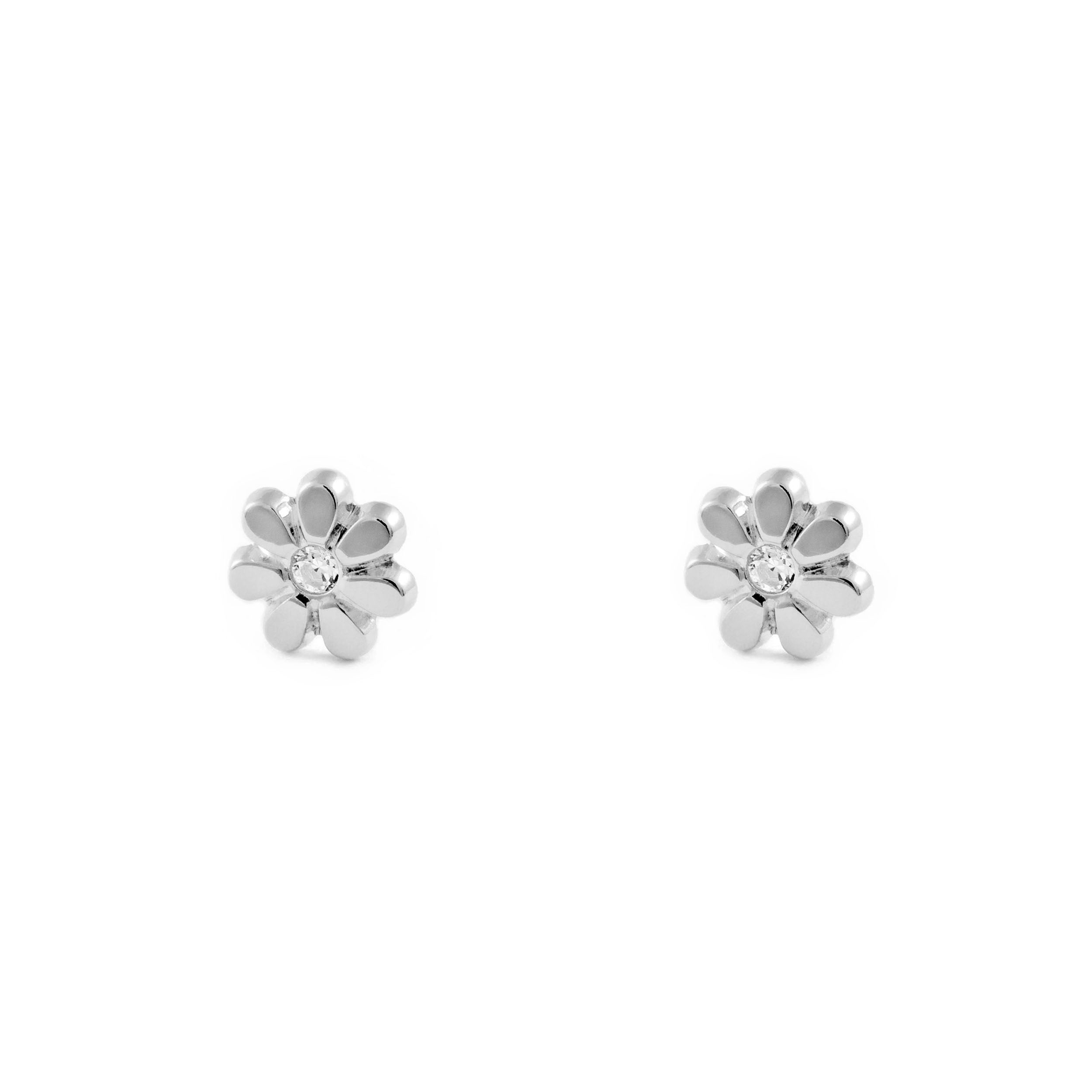 Pendientes Bebe-Niña Oro Blanco 18K Flor Margarita Circonita Brillo