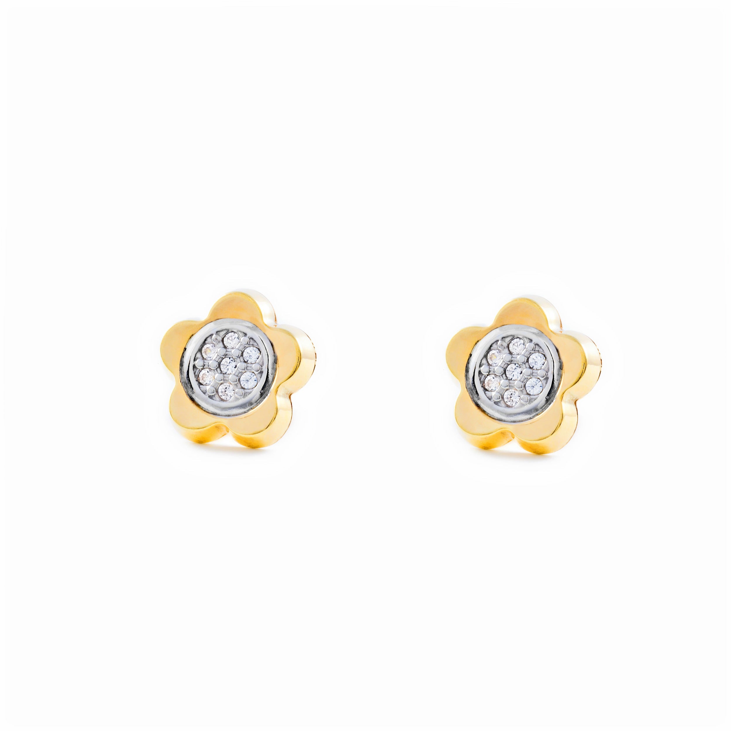 Women's-Girl's Earrings 9K Bicolor Gold Daisy Flower Shiny Zircons